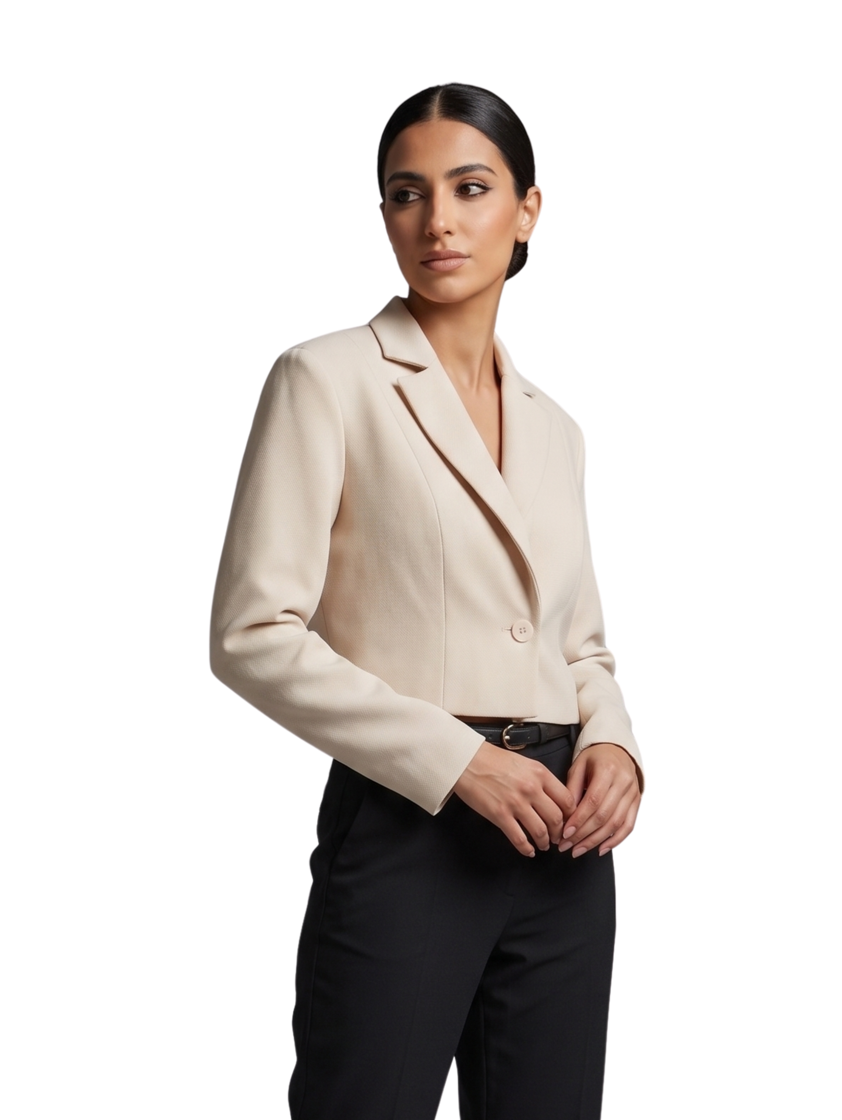 Beige Cropped Blazer With Singel Button Closure & Notched Lapel Collar