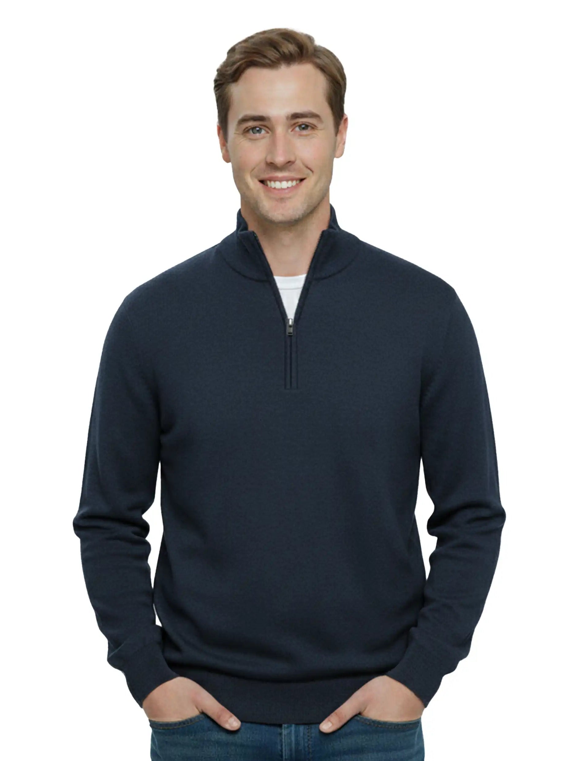 Stand Up Collar Navy Pullover With Half Zipper To Close