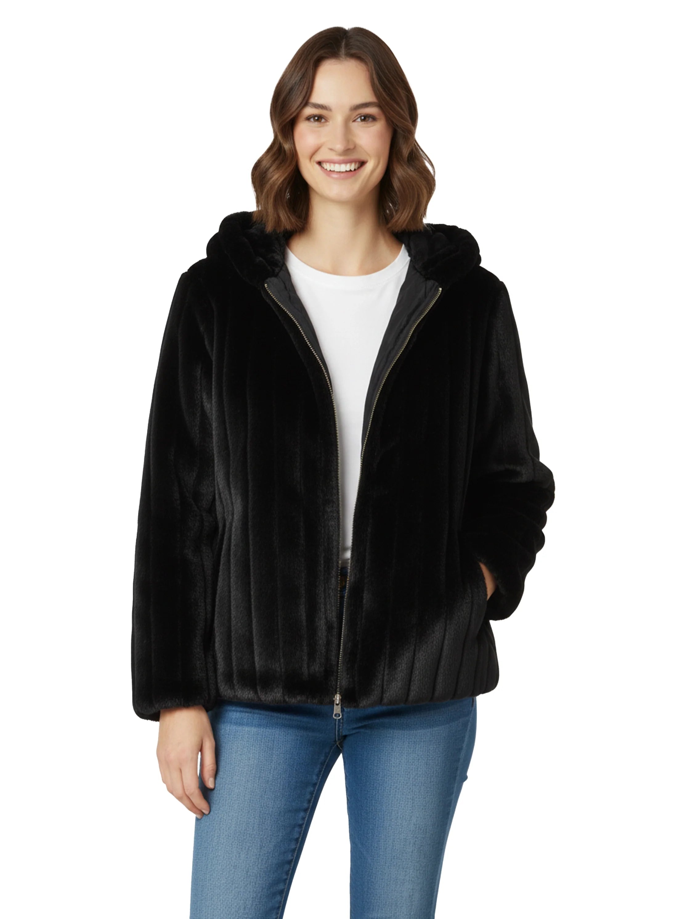 Short Black Hooded Ribbed Fure Jacket