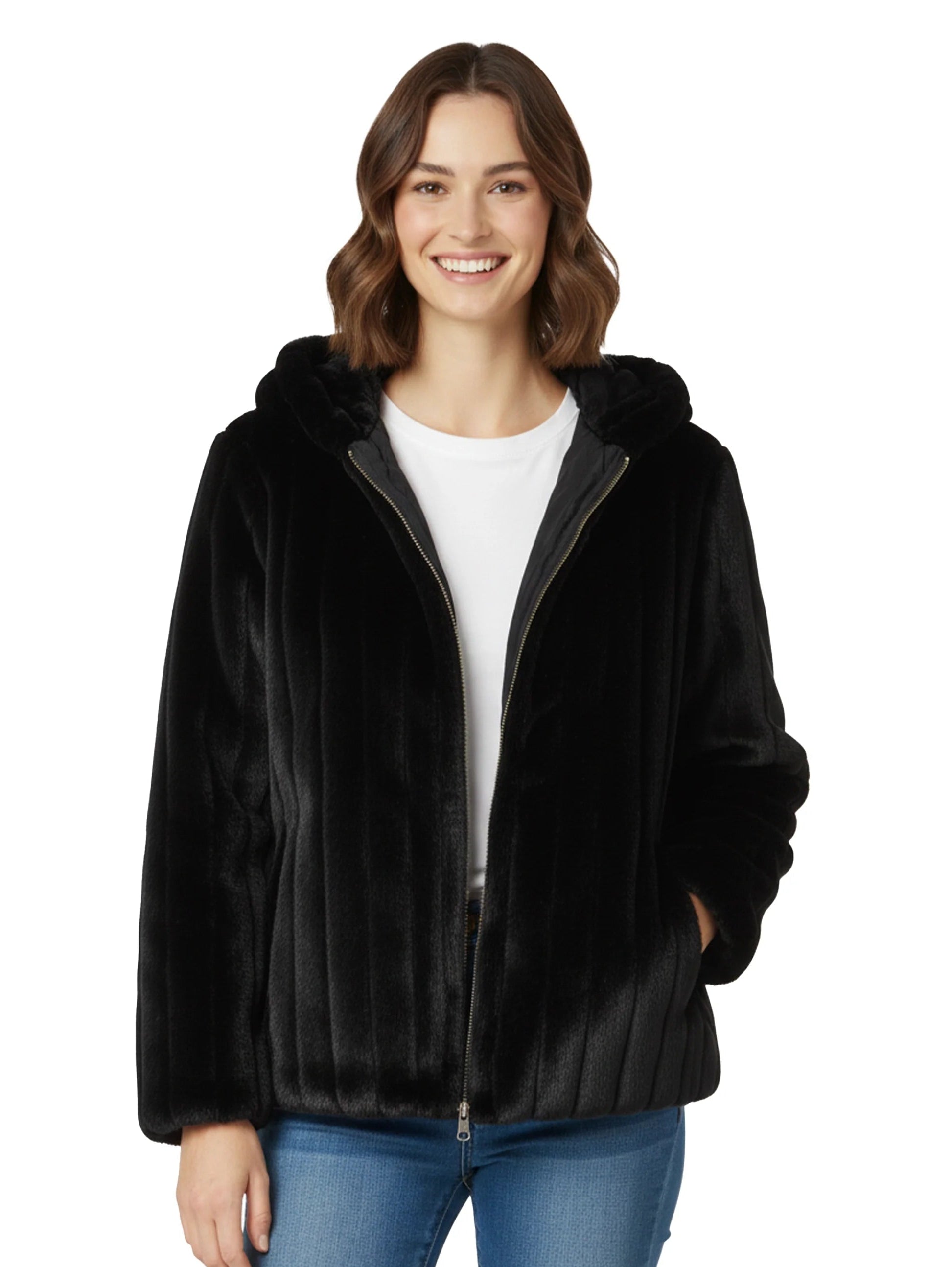 Short Black Hooded Ribbed Fure Jacket