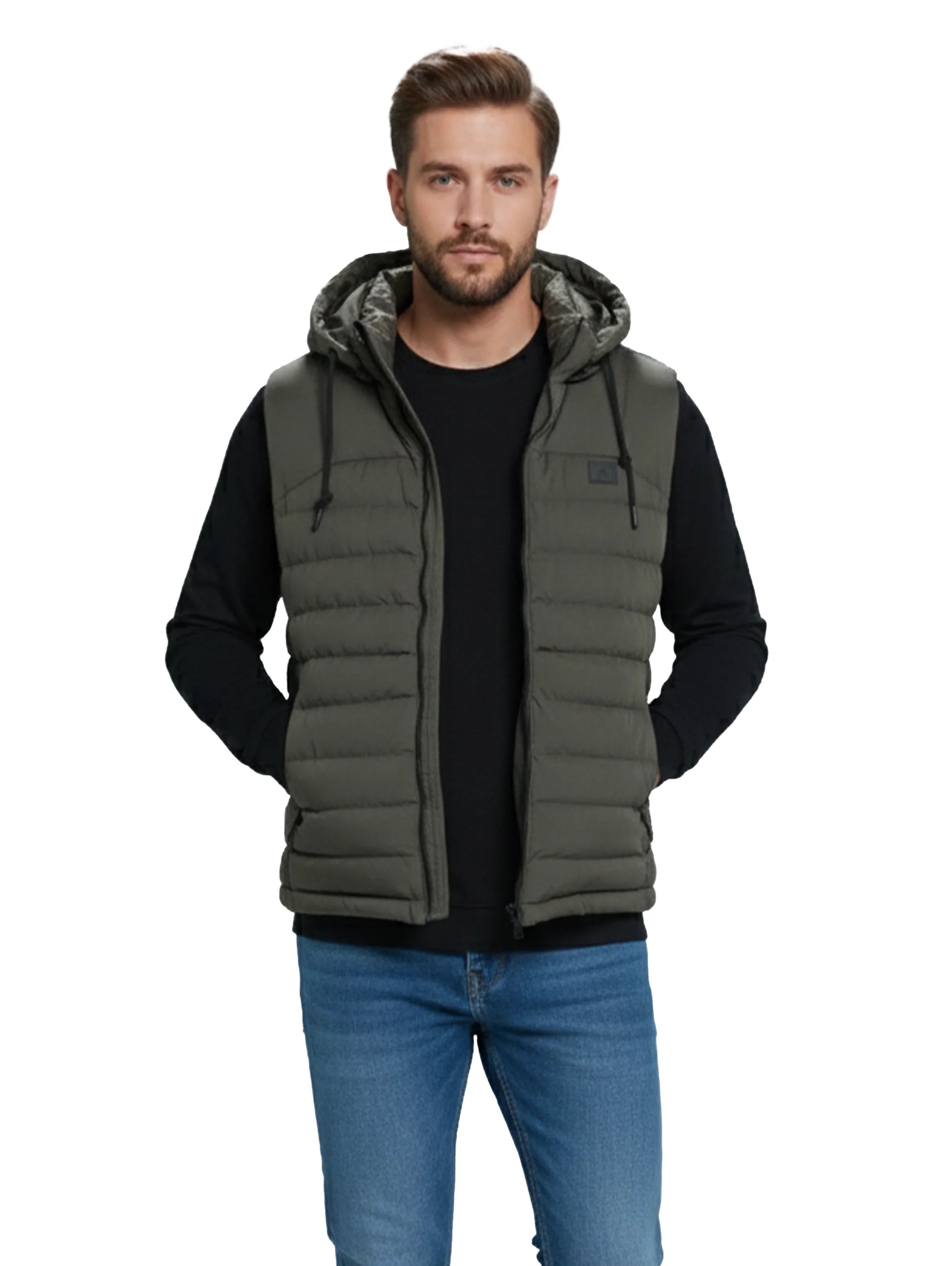 Olive Zippered Padded Vest With Hoodie