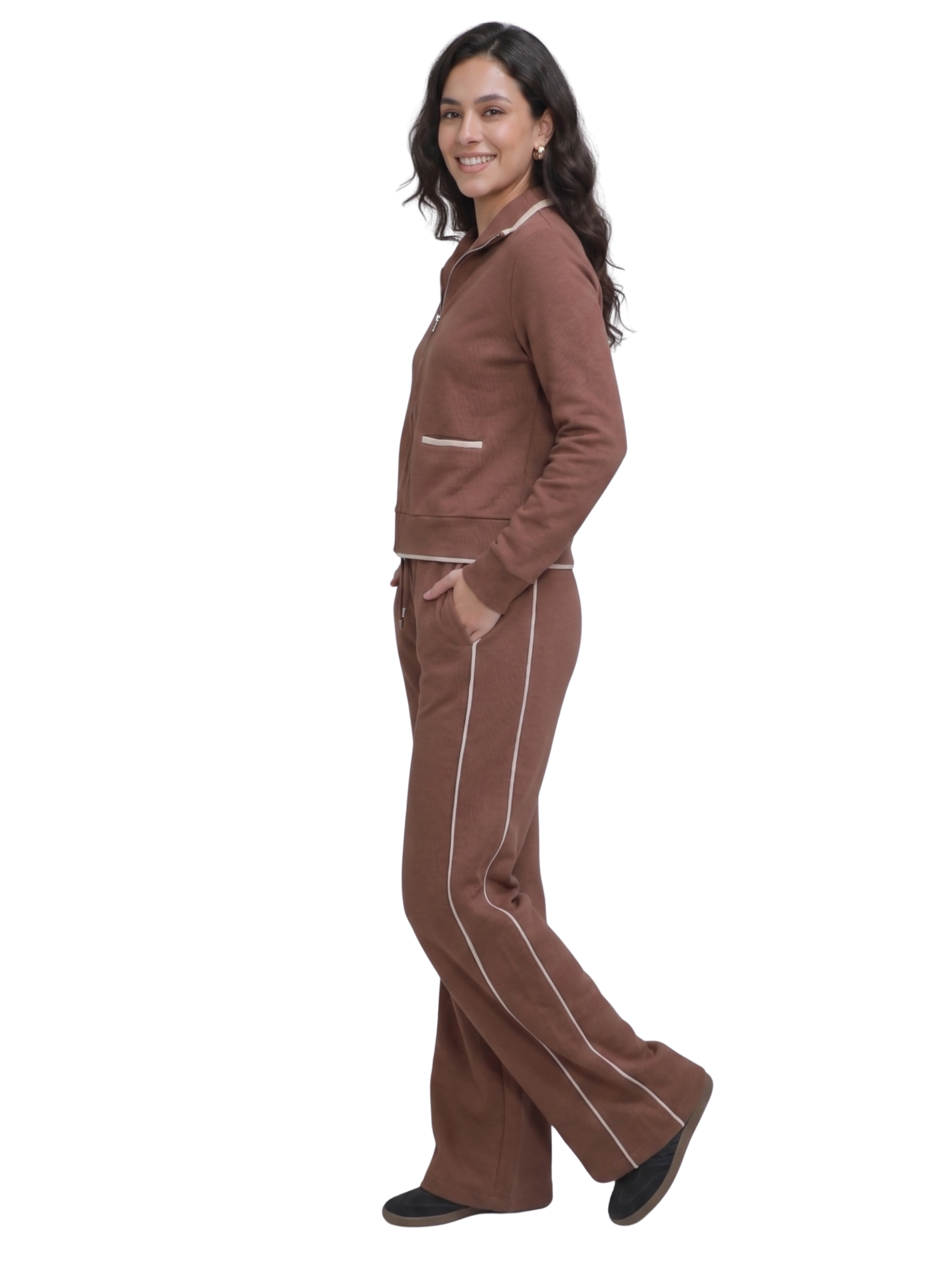 Two Piece Set Brown Zip-Up Jacket With White Trimmed Wide Leg Pants