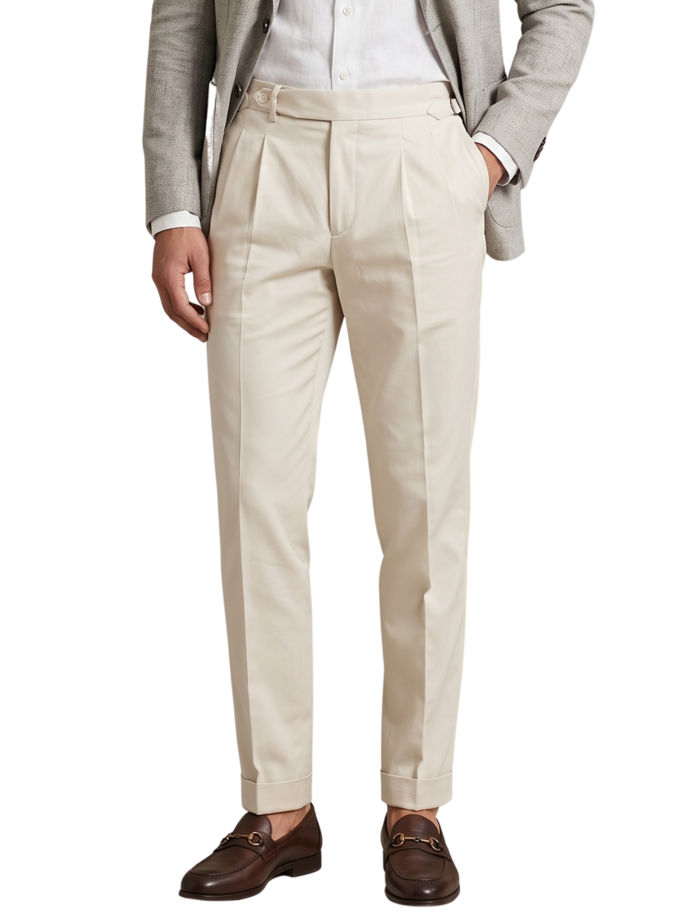 Classic Beige Double-Pleated Cuffed Pants