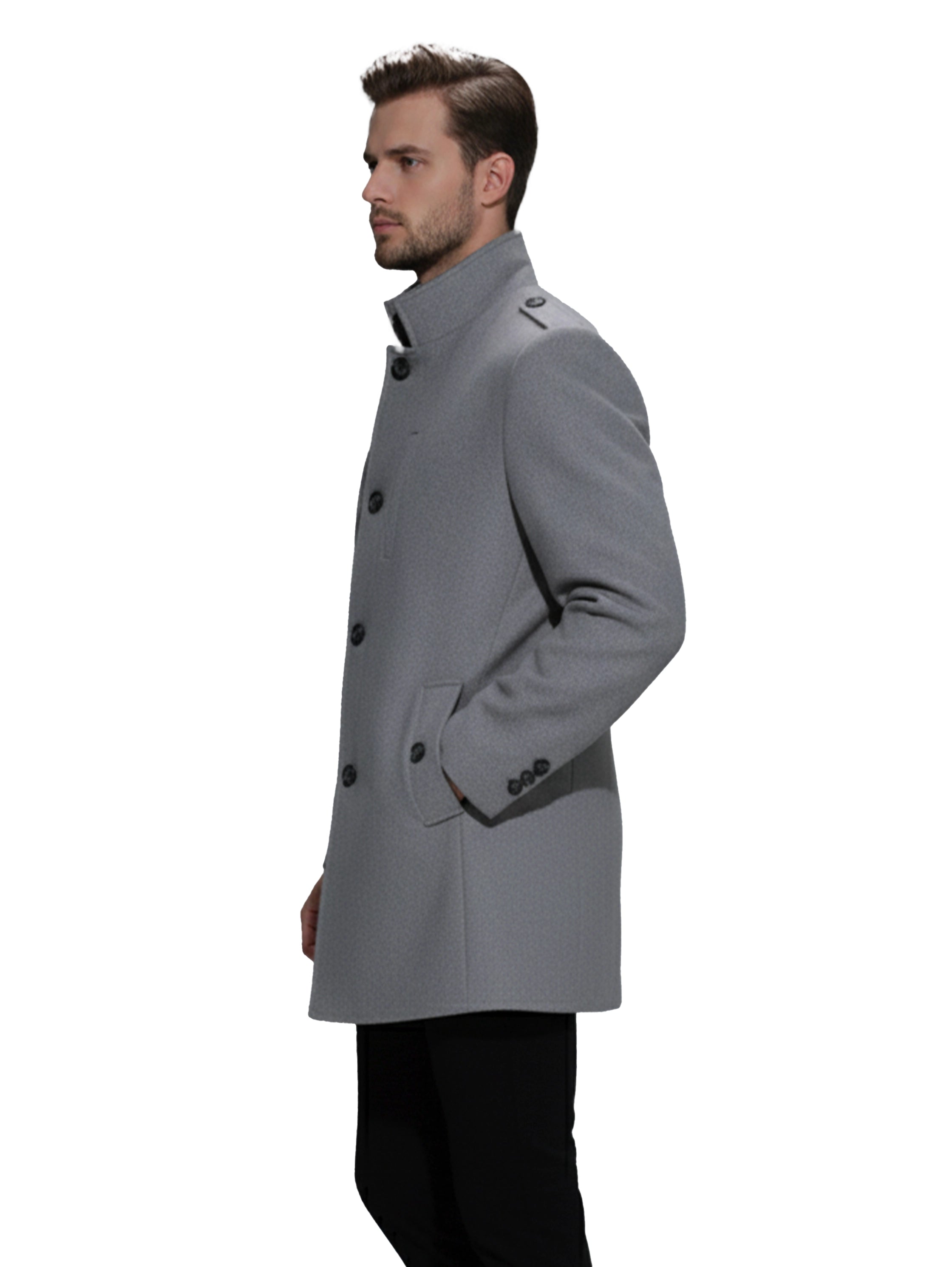 Stylish Grey Coat With Stand Up Collar