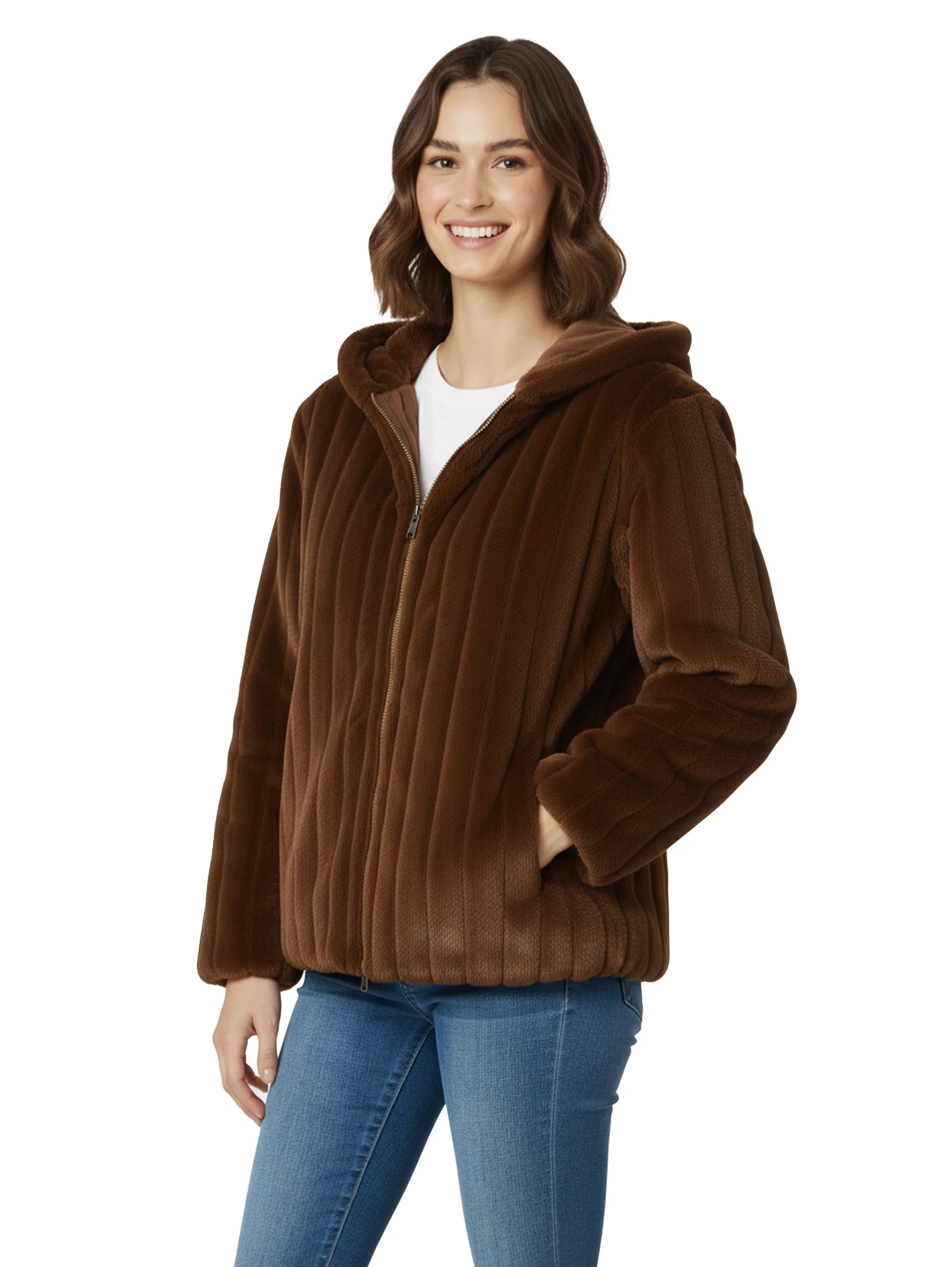Short Brown Hooded Ribbed Fure Jacket