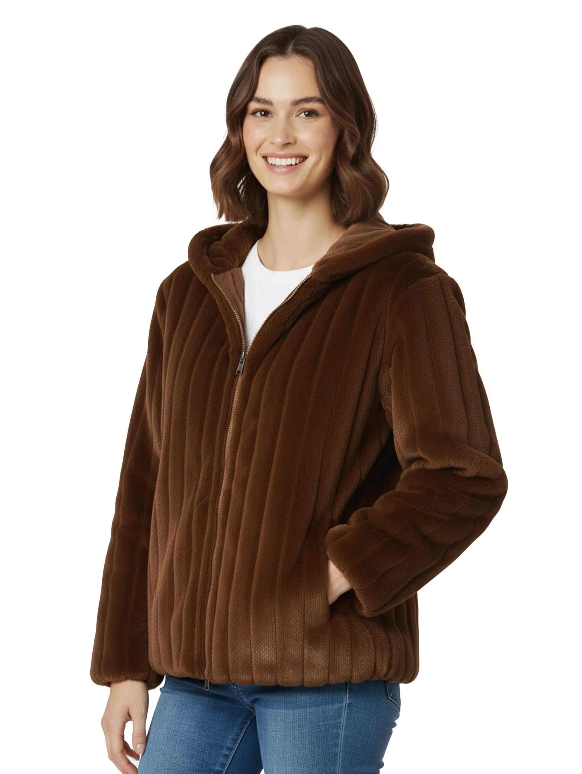 Short Brown Hooded Ribbed Fure Jacket