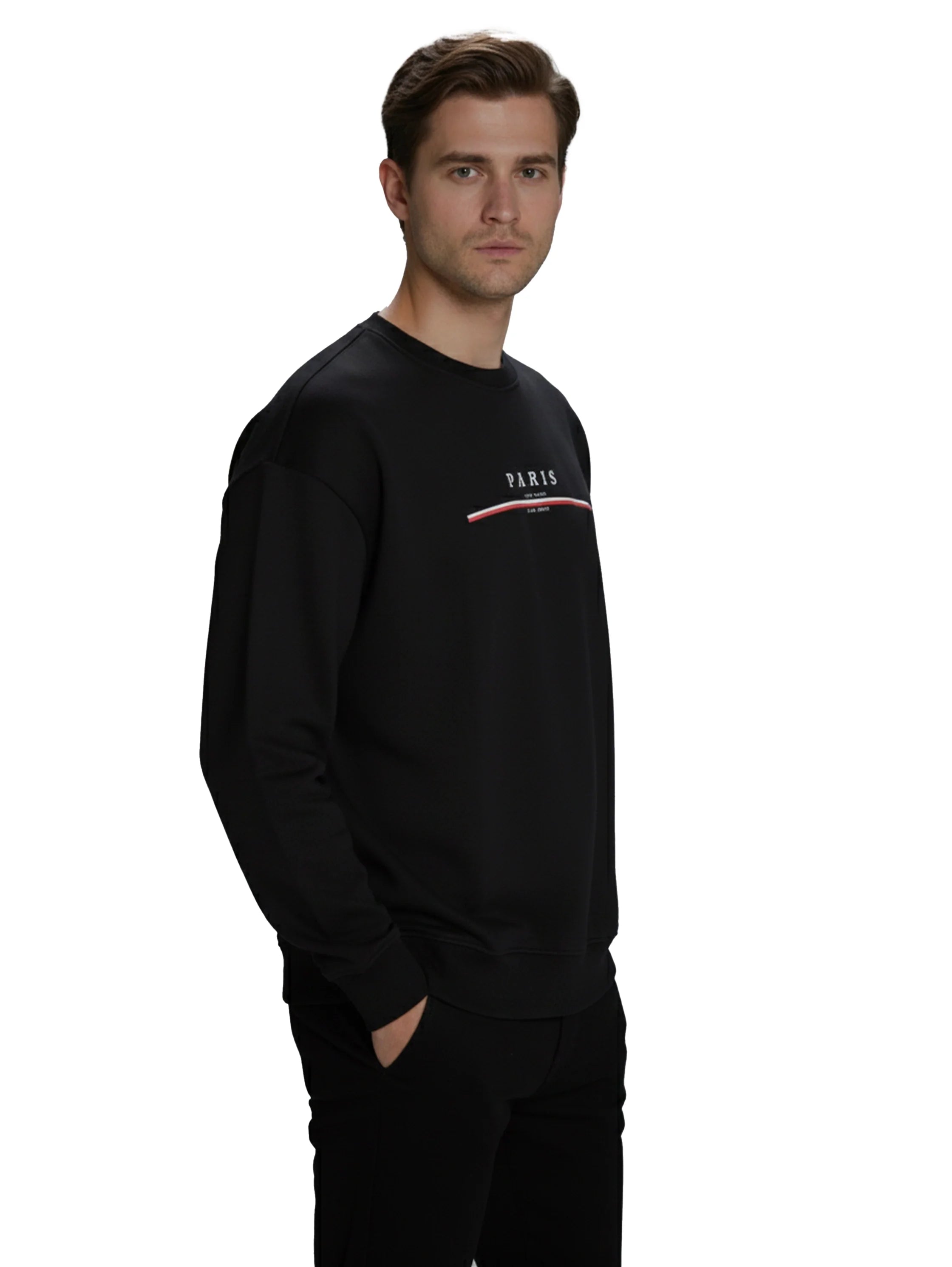 Round Neck Black Sweater With " Paris " Front Design