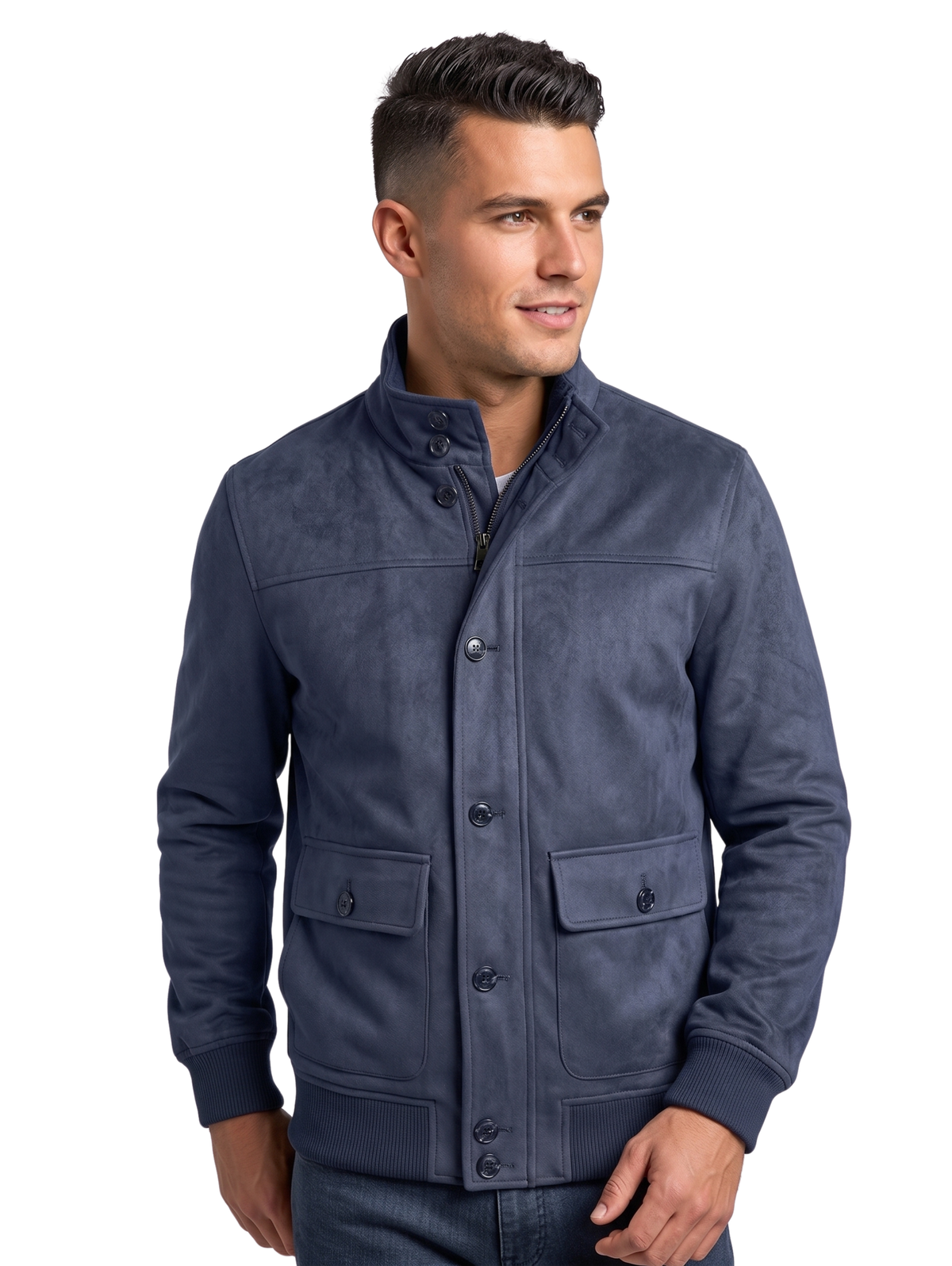 Navy Faux Suede Stand Collar Bomber