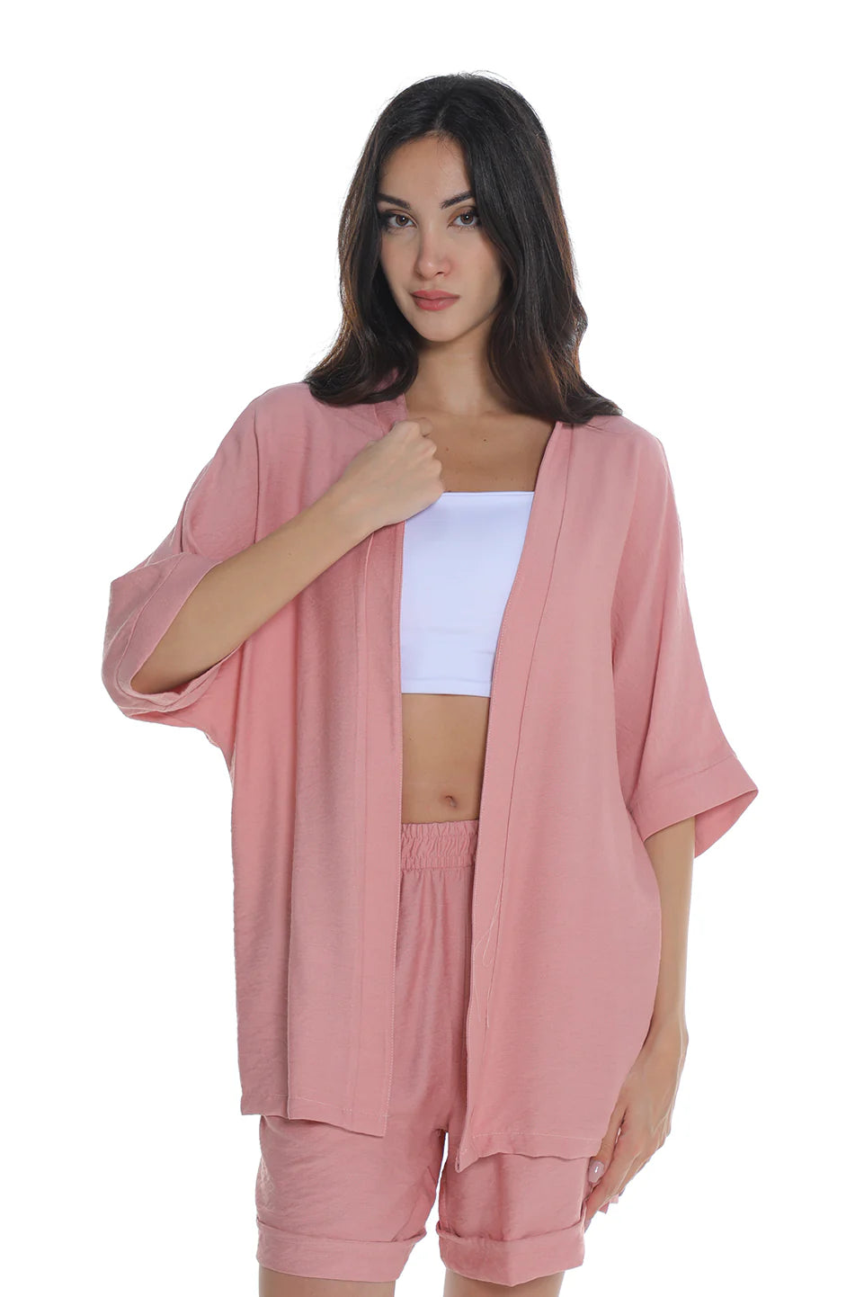 Pink Drop Shoulder Linen Cardigan
