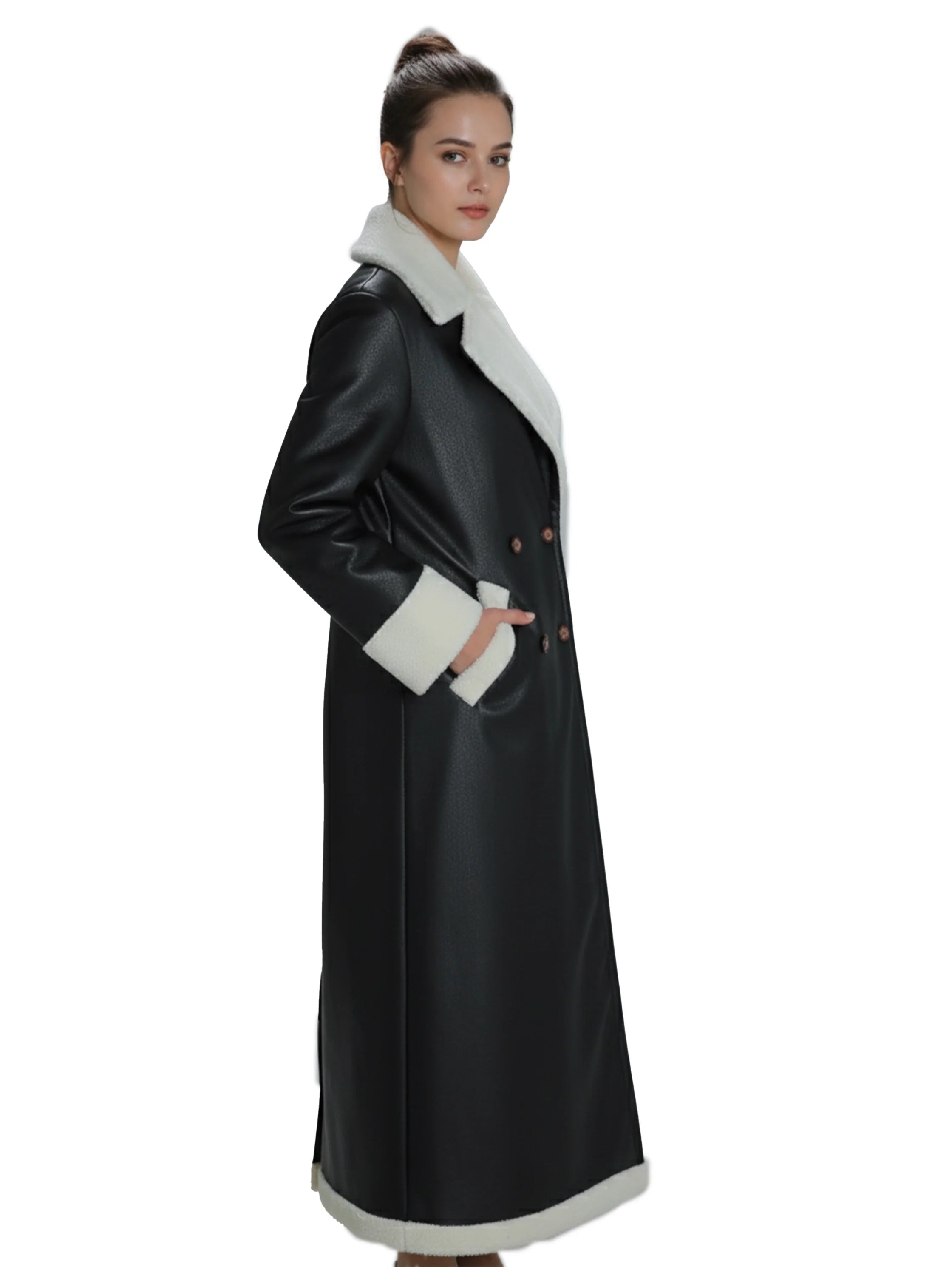 Black Double-Breasted Long Coat With Lapel Collar