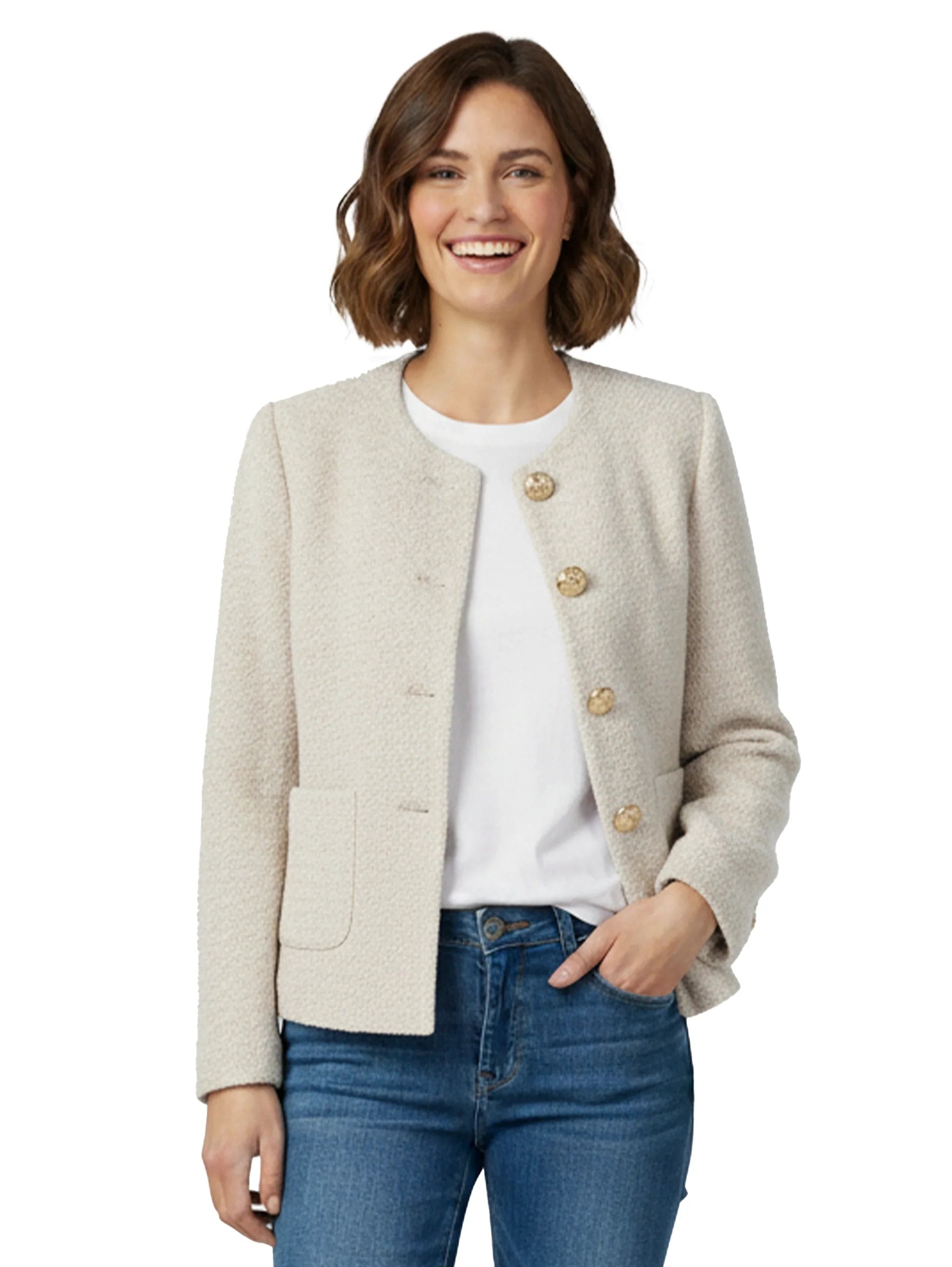 Round Neck Gold Buttoned Beige Blazer