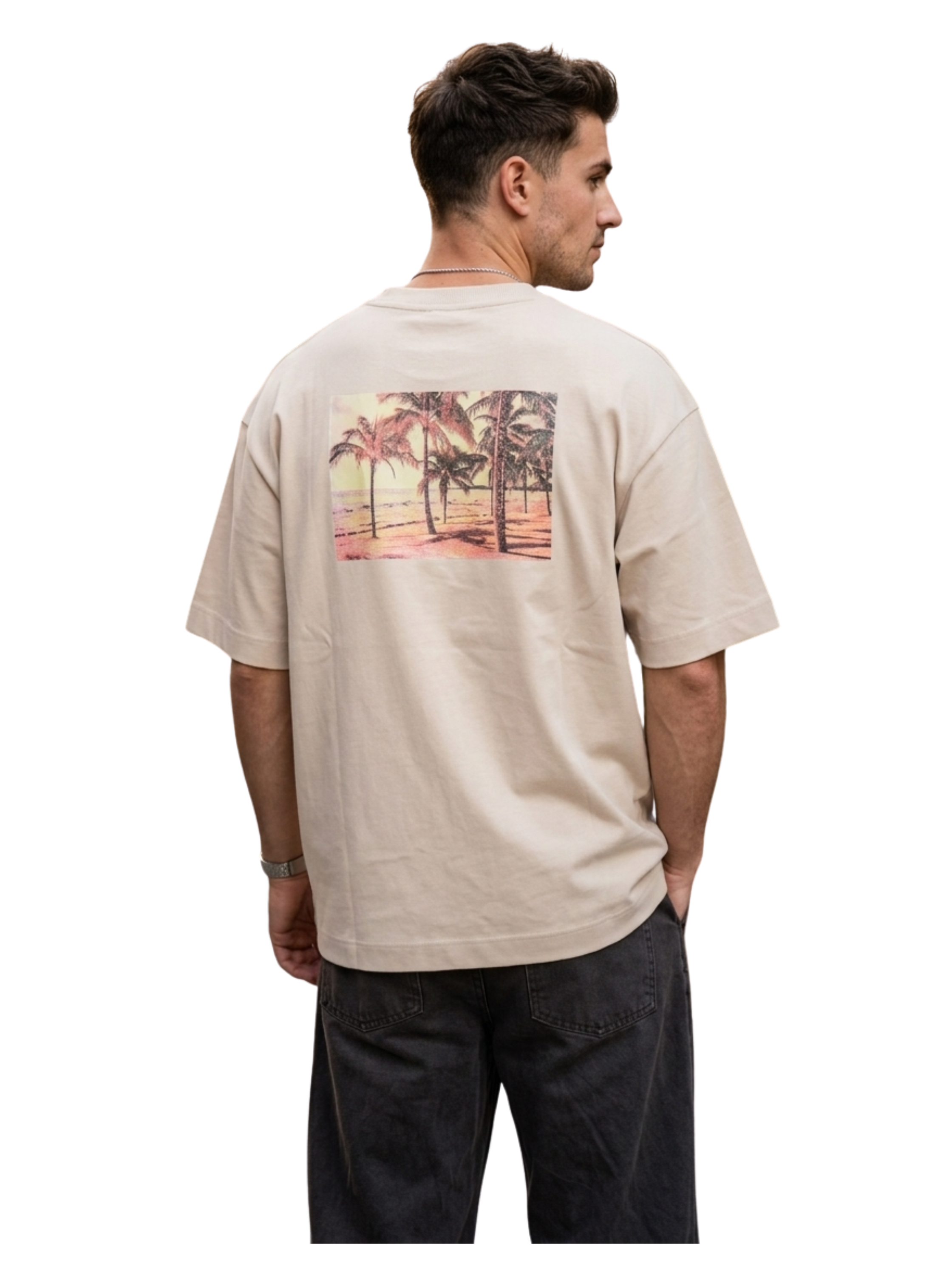 Oversized Beige T-Shirt With Printed Design