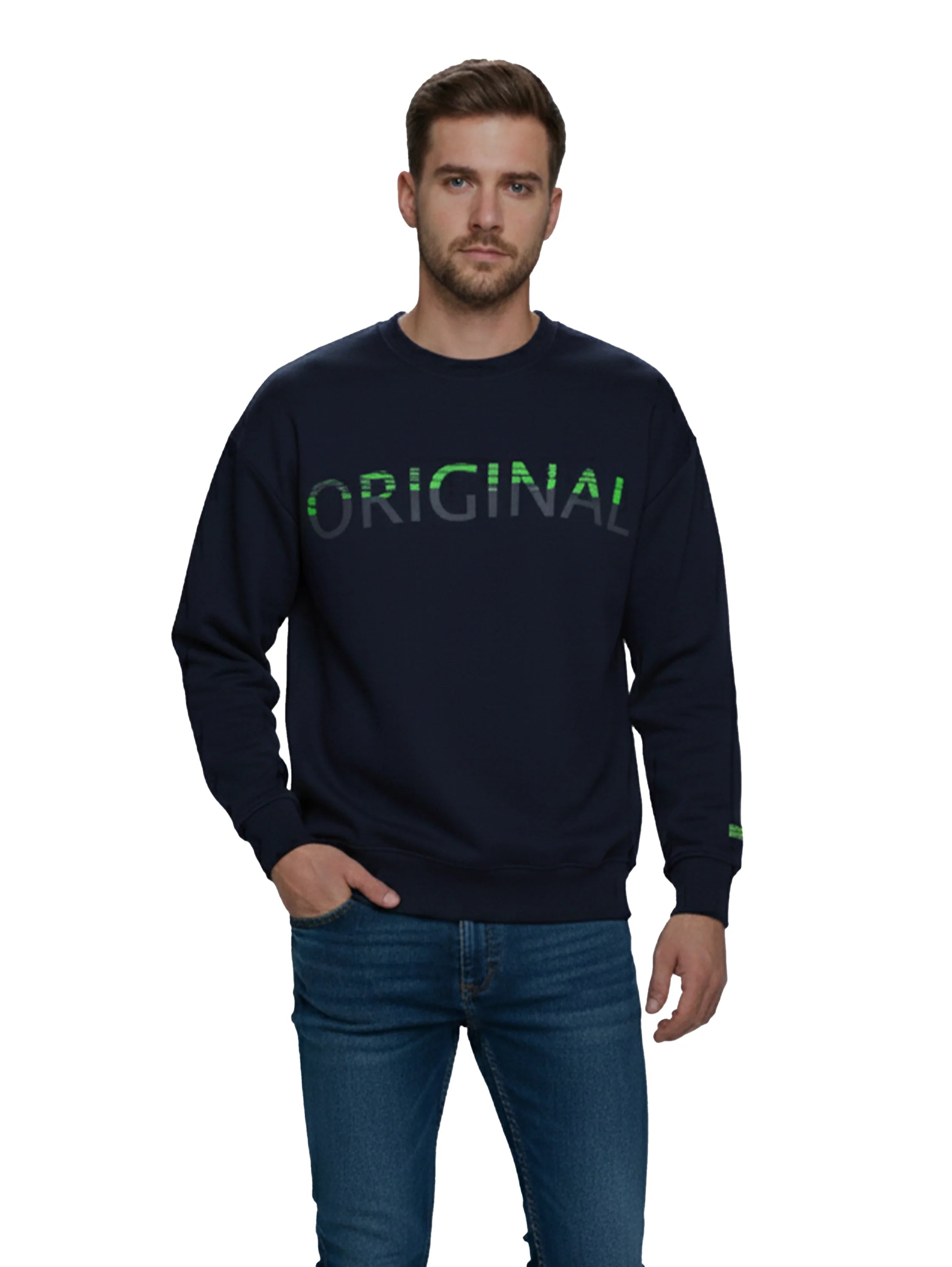 Long Sleeved Navy Sweater With " Original " Front Design