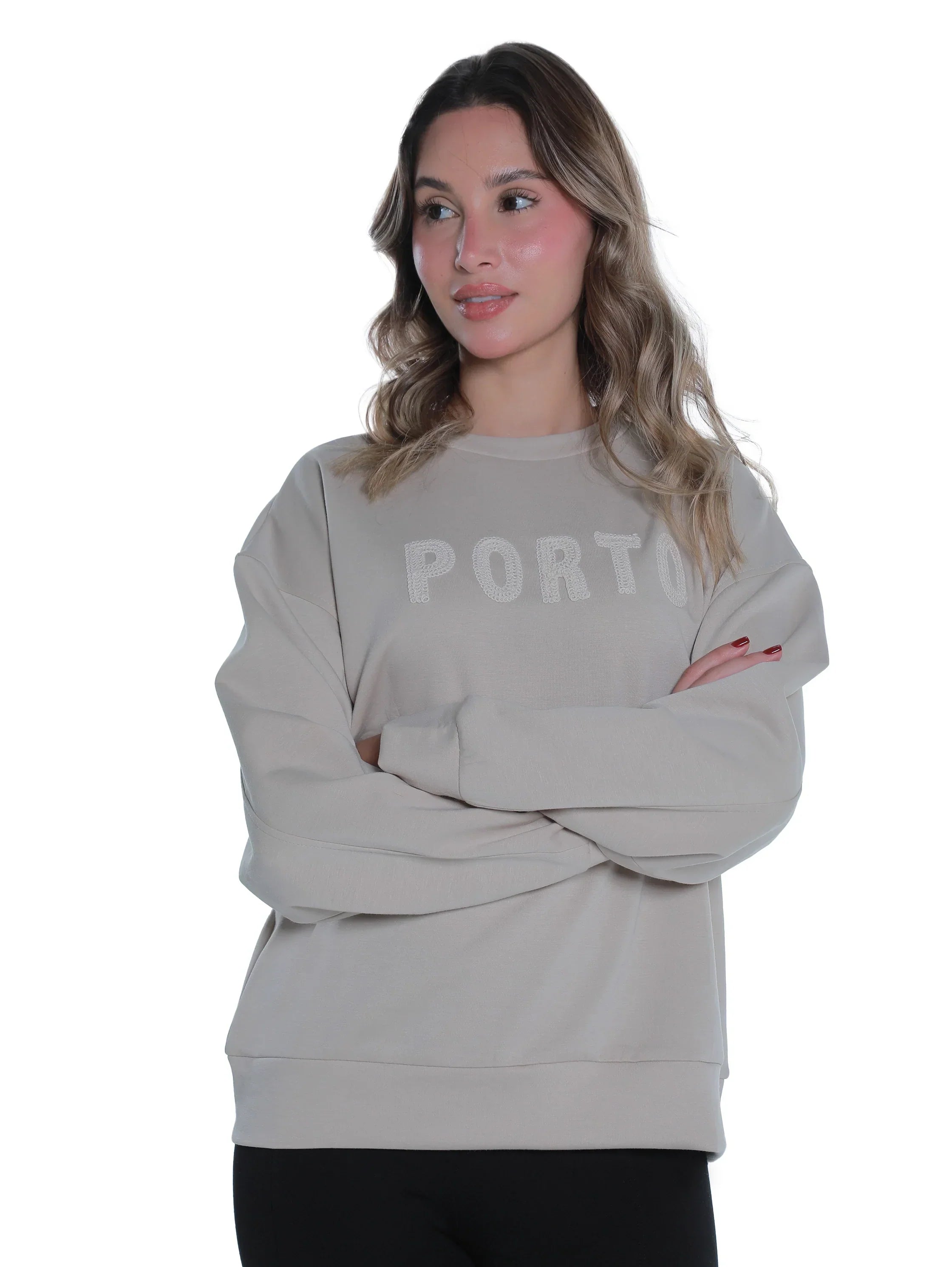 Round Neck Beige Sweater With "Porto" Front Design