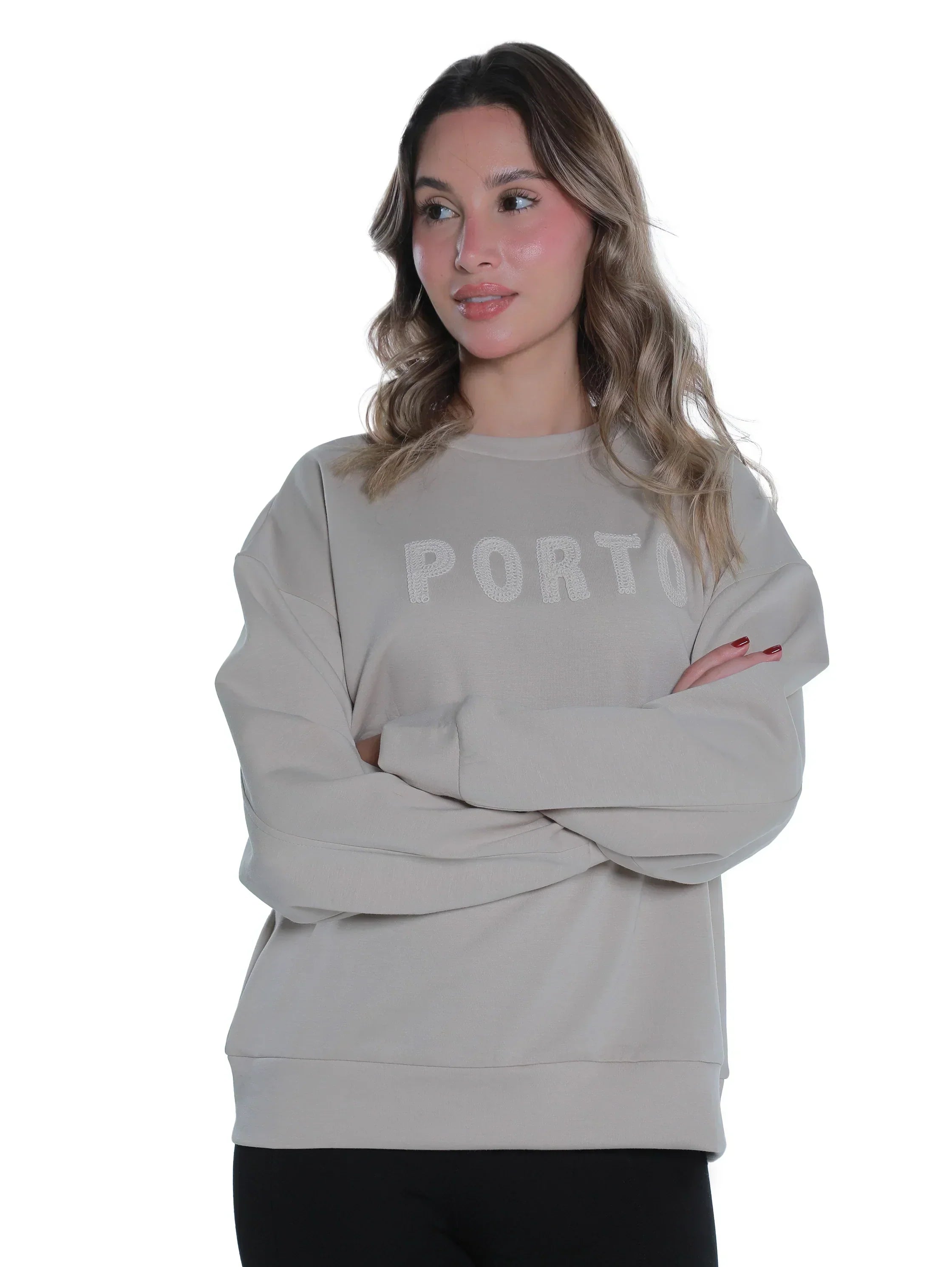 Round Neck Beige Sweater With "Porto" Front Design