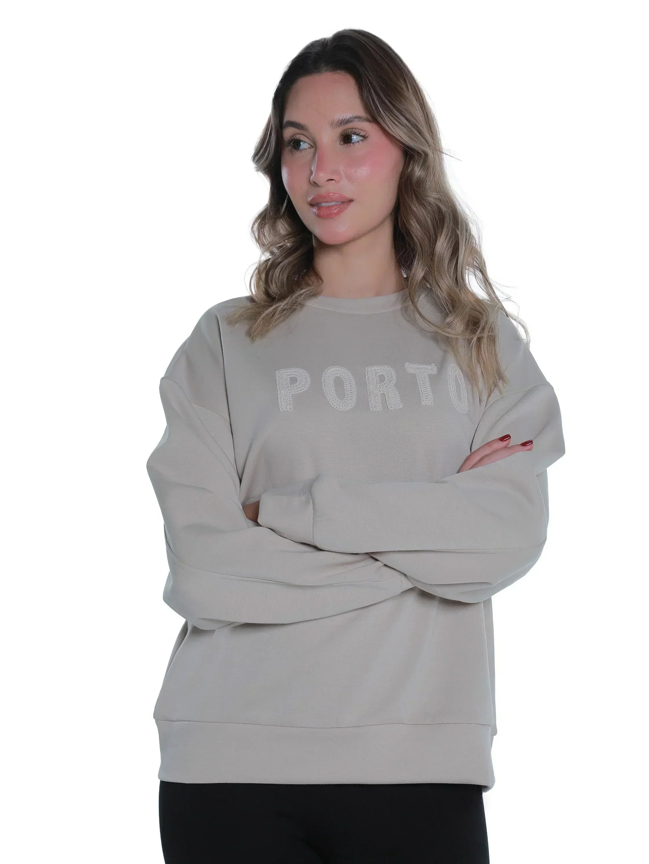 Round Neck Beige Sweater With "Porto" Front Design