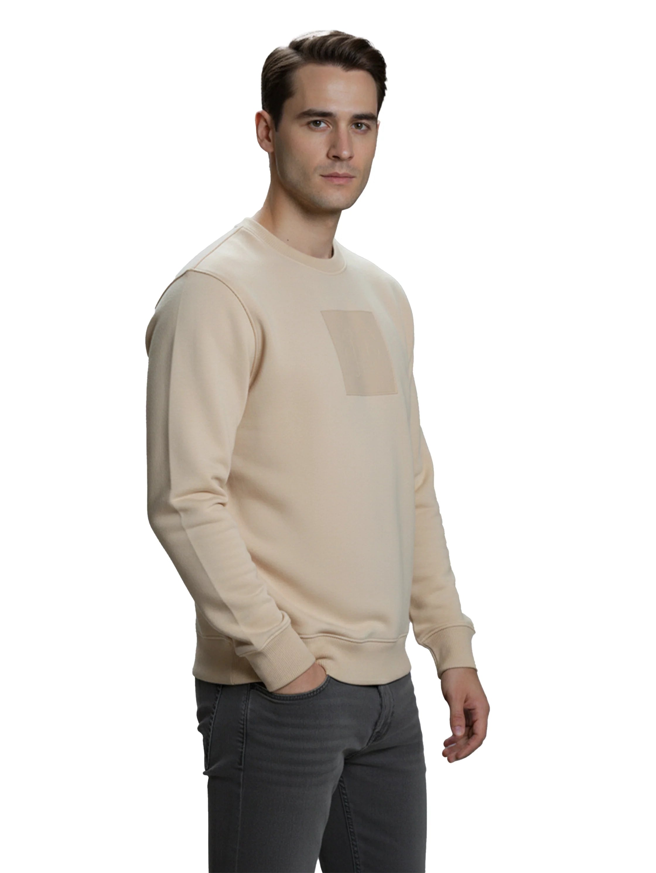 Round Neck Long Sleeve Cotton Beige Sweater
