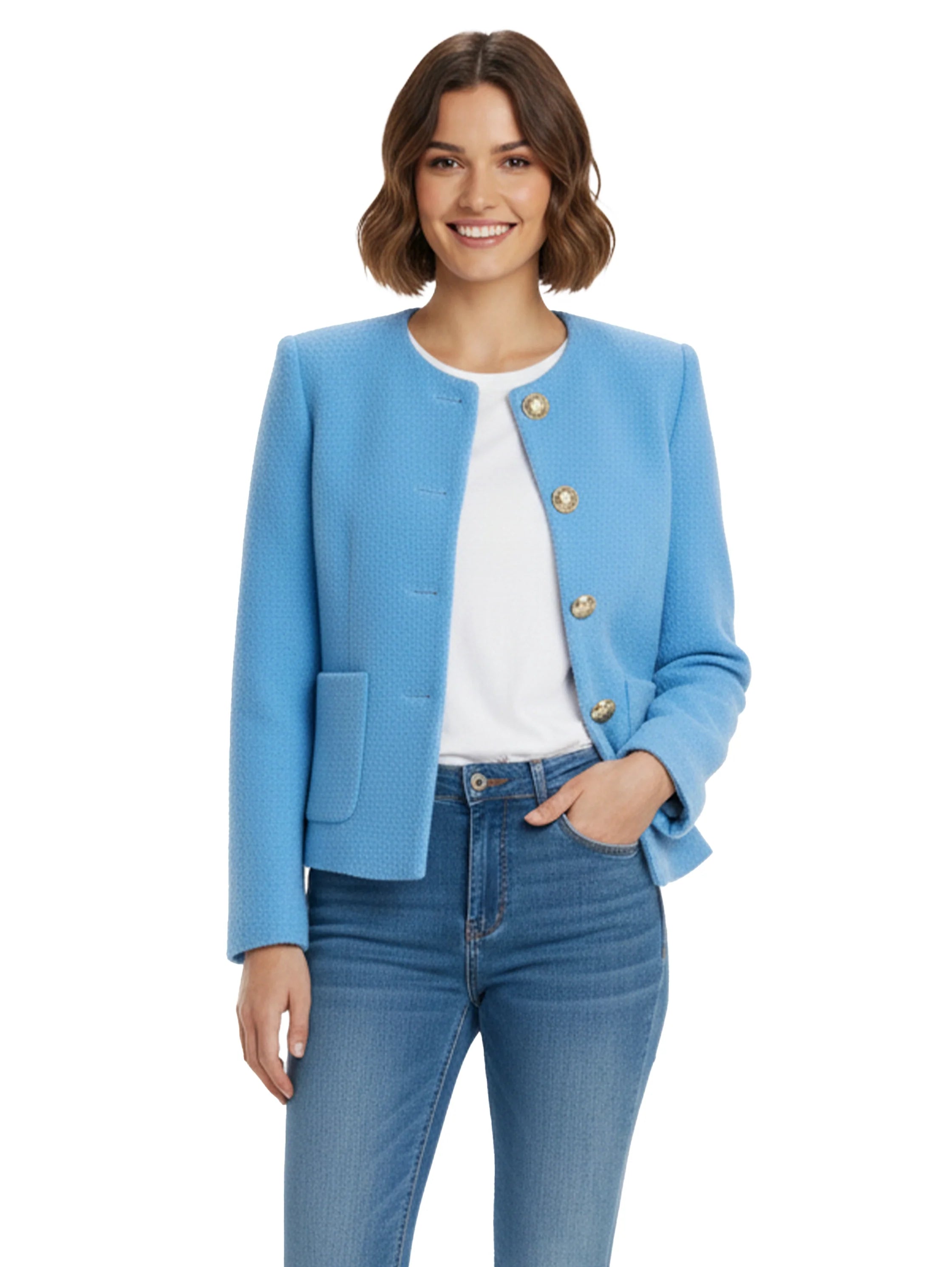 Round Neck Gold Buttoned Blue Blazer