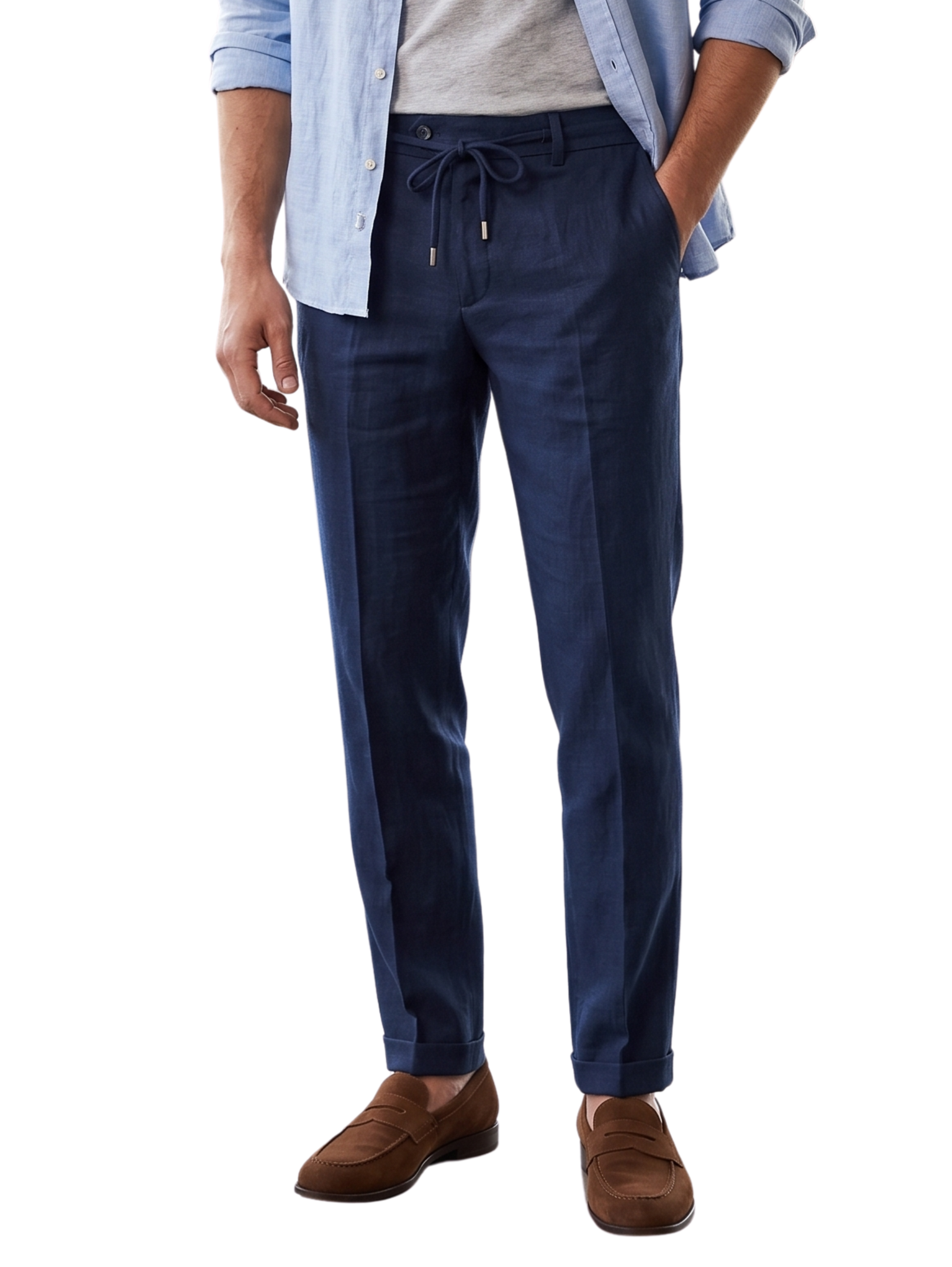 Navy Tailored Linen Drawstring Pants