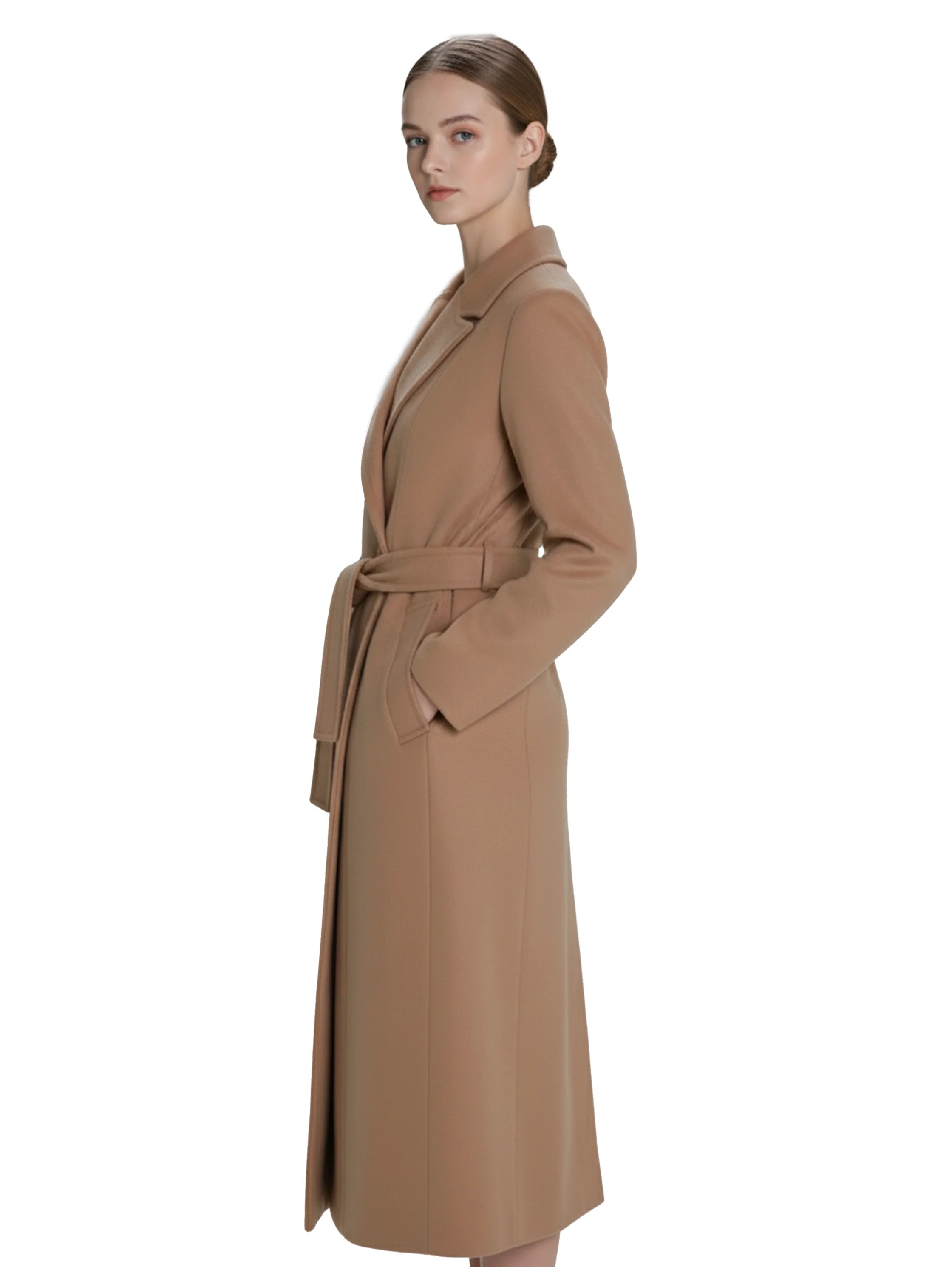 Latte Belted Long Coat With Lapel Collar