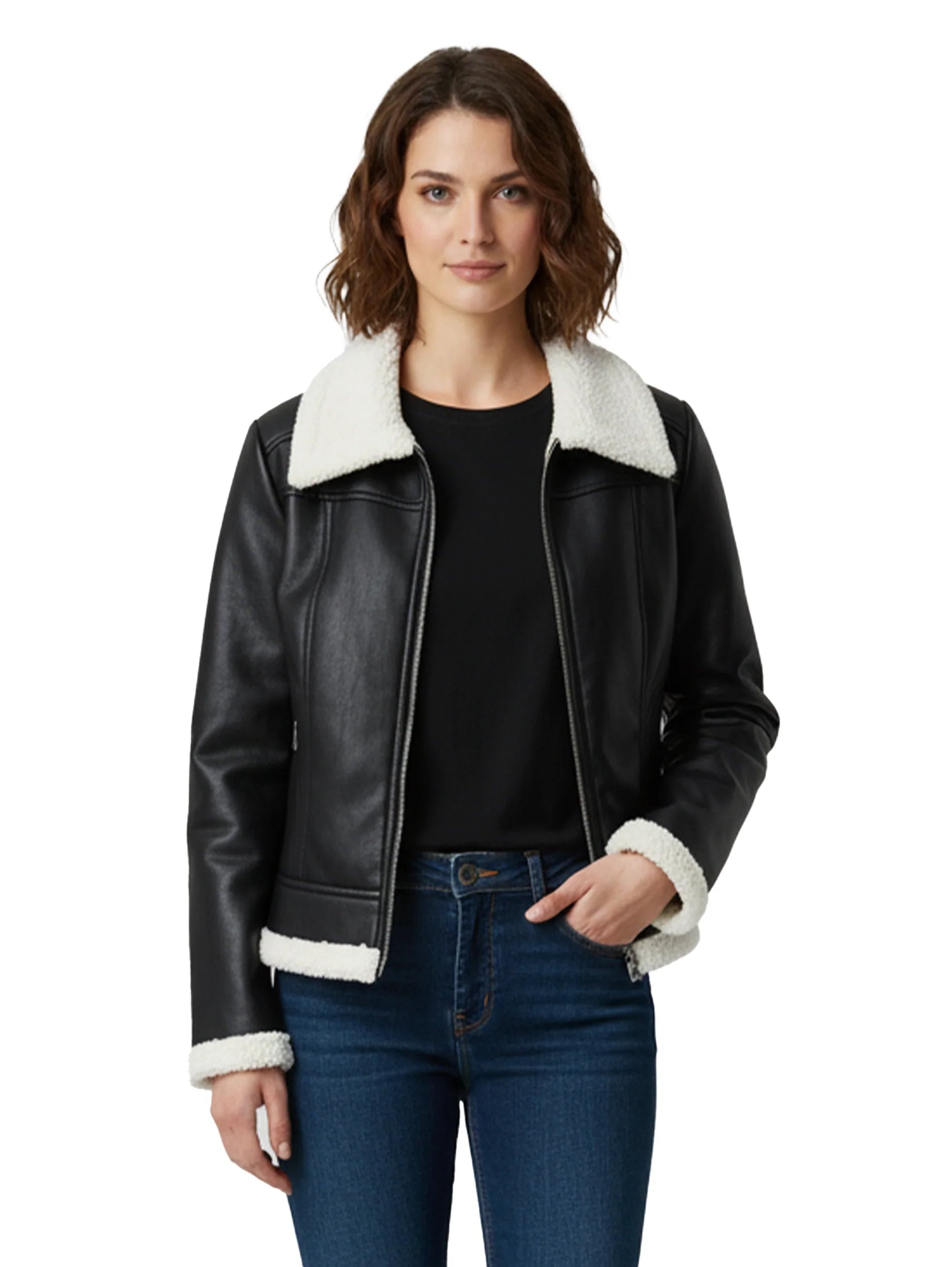 Black Leather Jacket With Fure Design