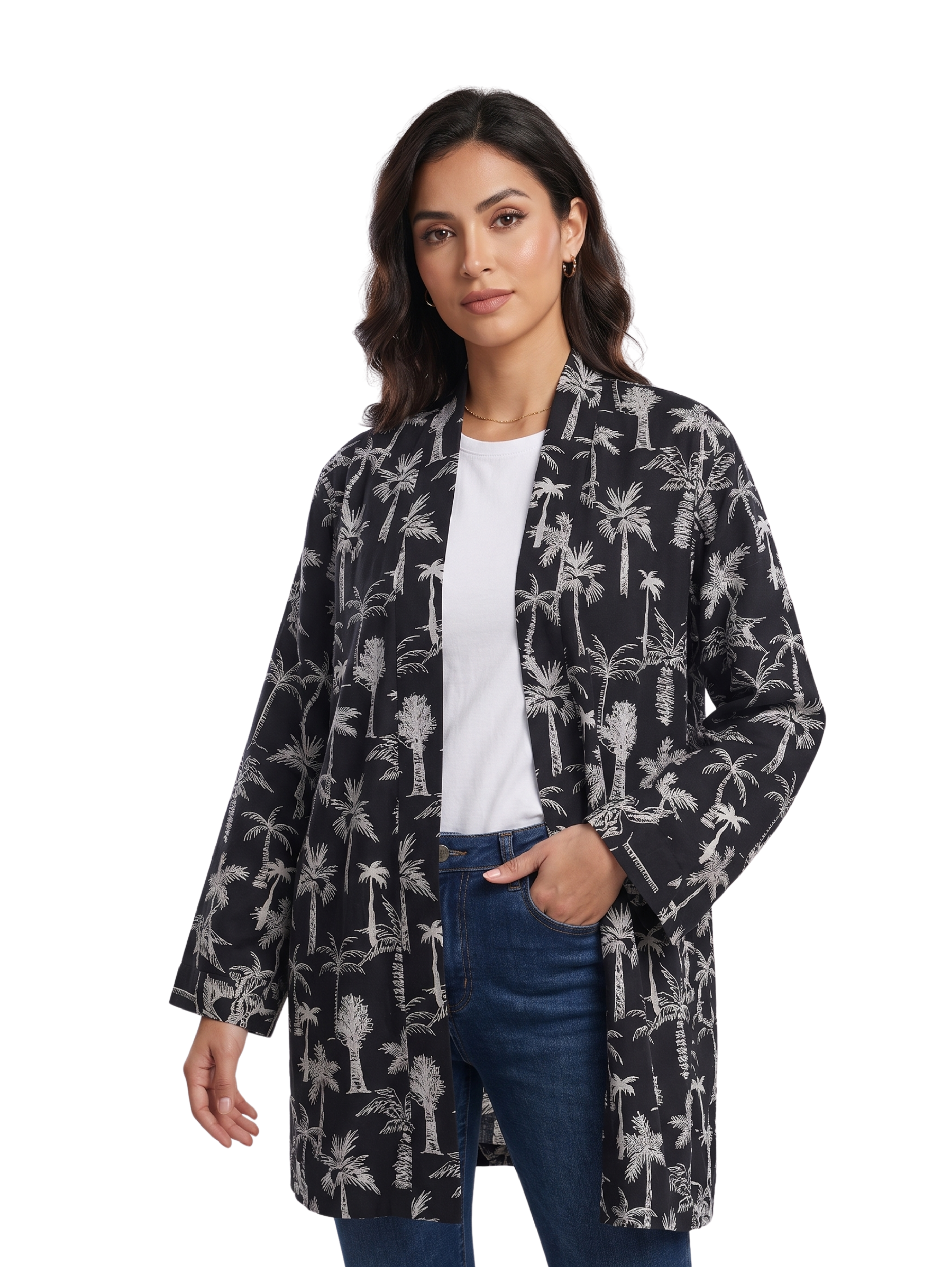 Black & White Palm Open Front Cardigan