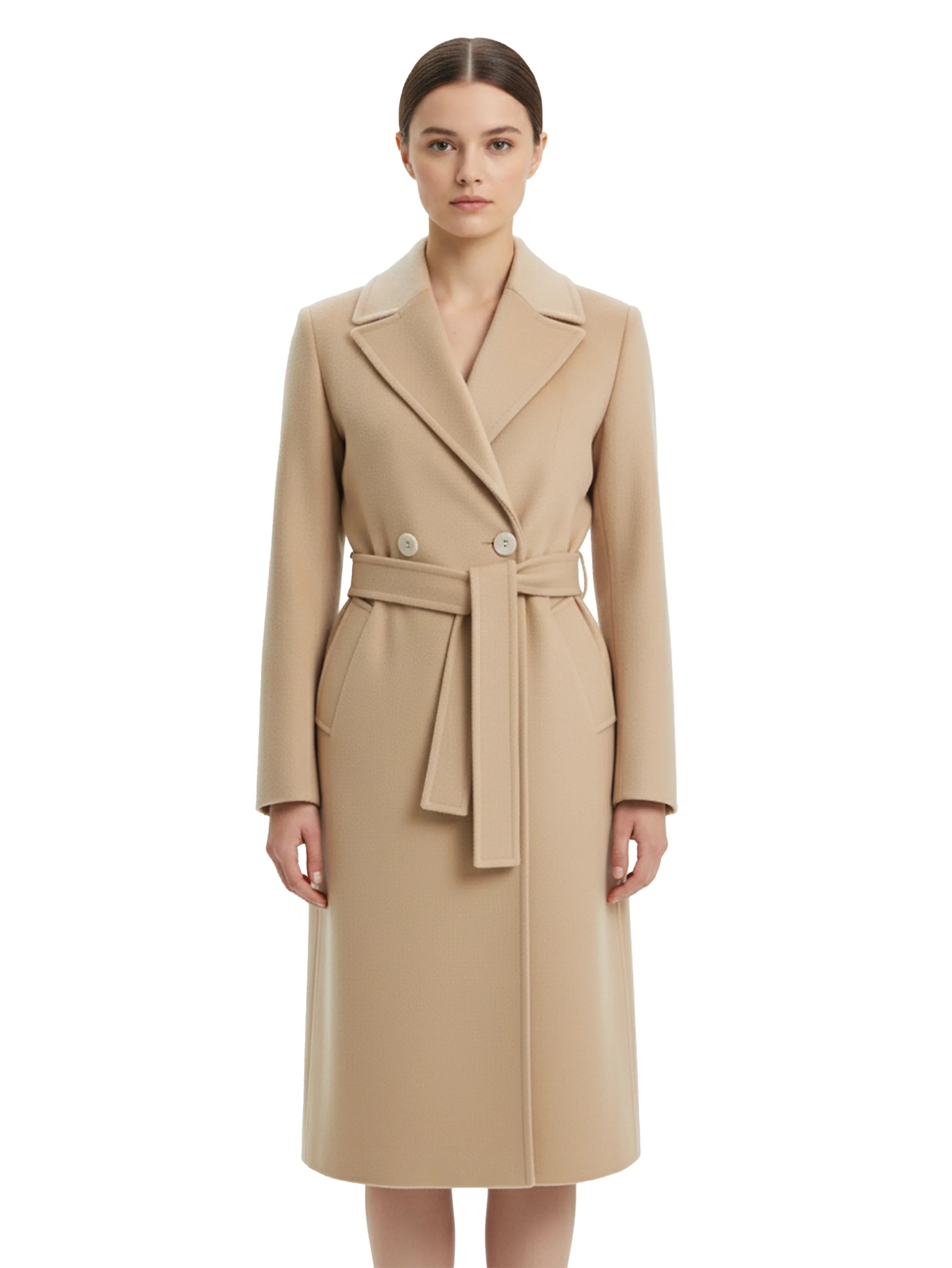 Beige Belted Long Coat With Lapel Collar