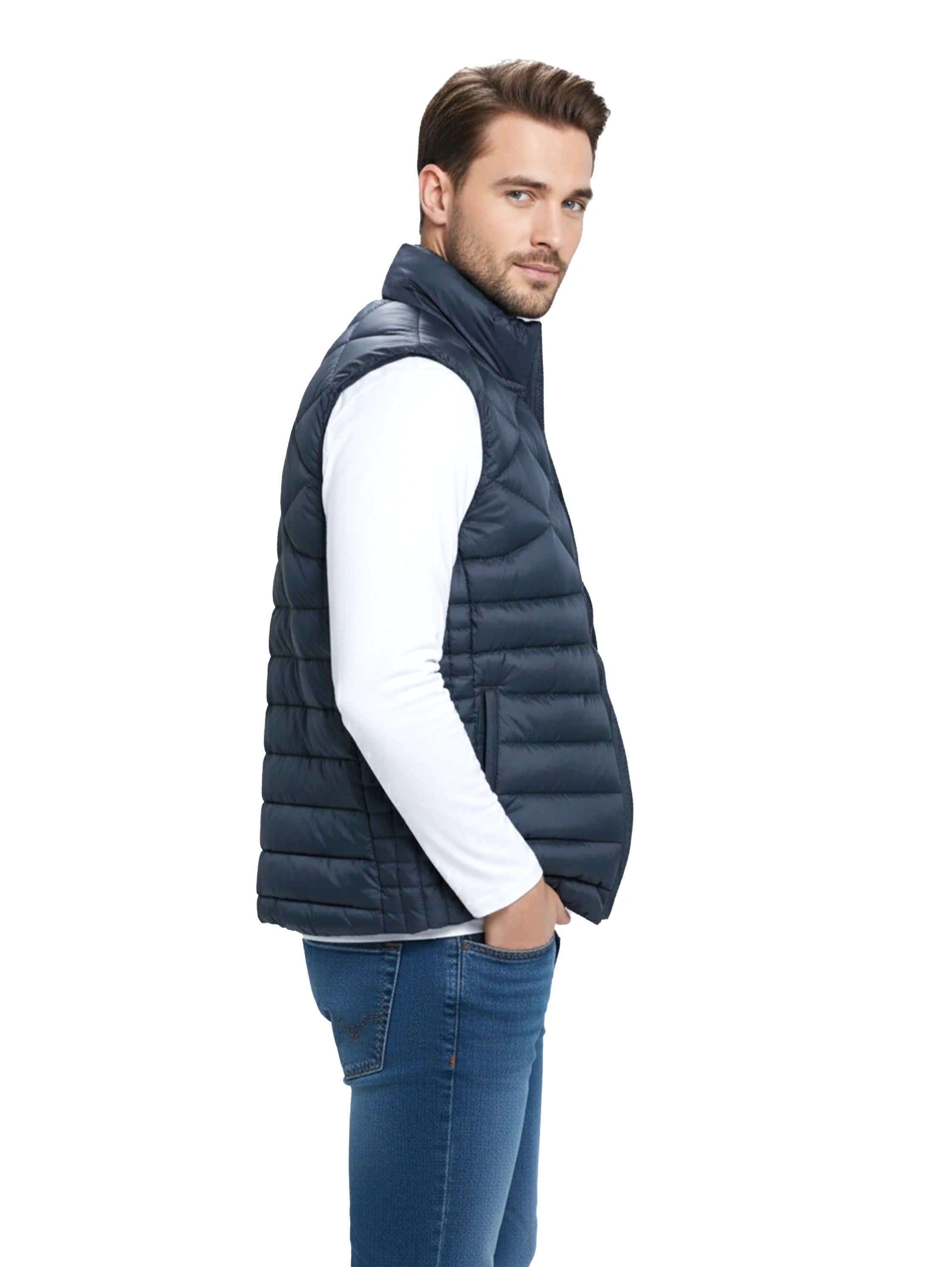 Navy Quilted Puffer Vest With Zipper To Close