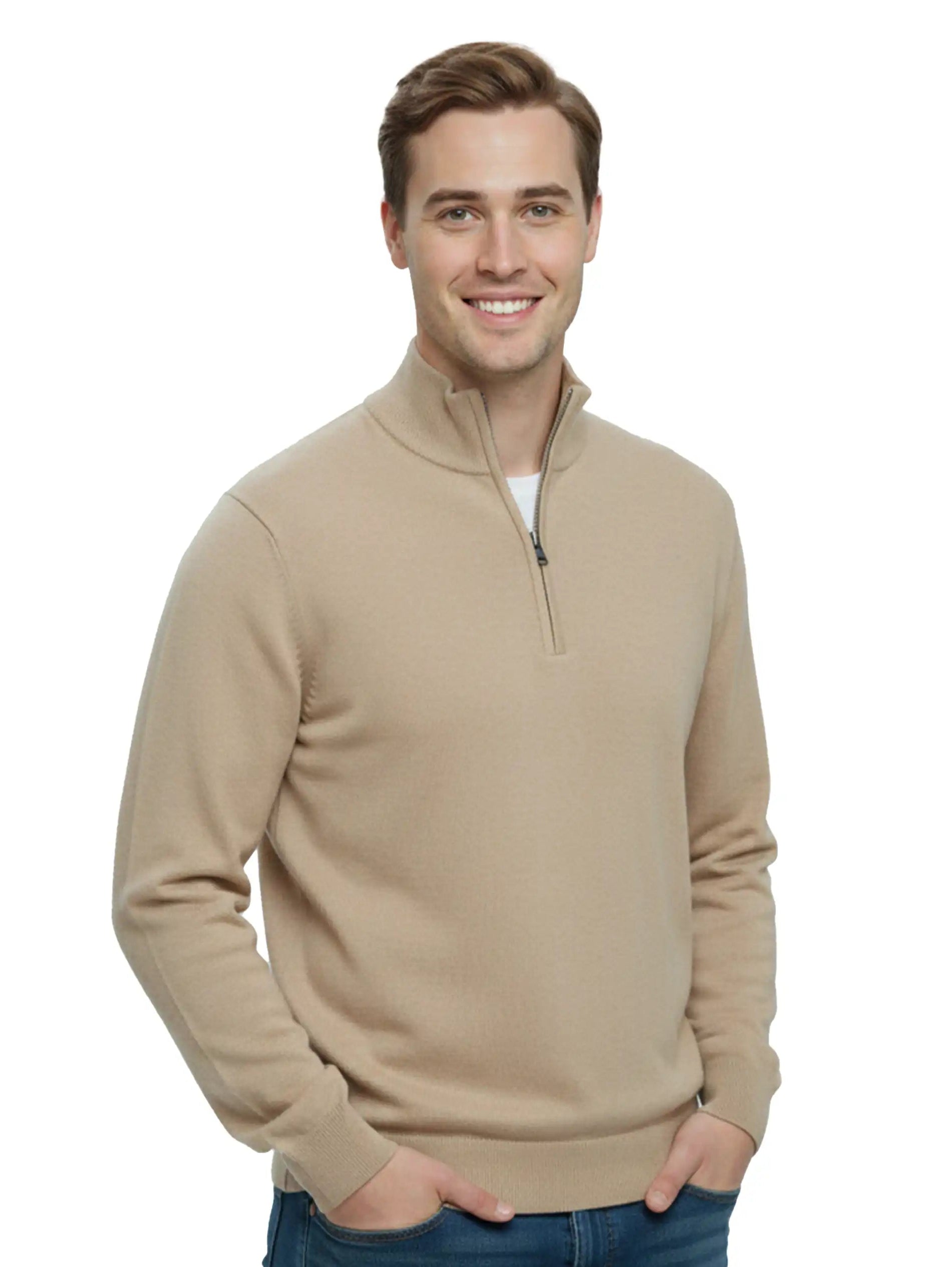 Stand Up Collar Beige Pullover With Half Zipper To Close