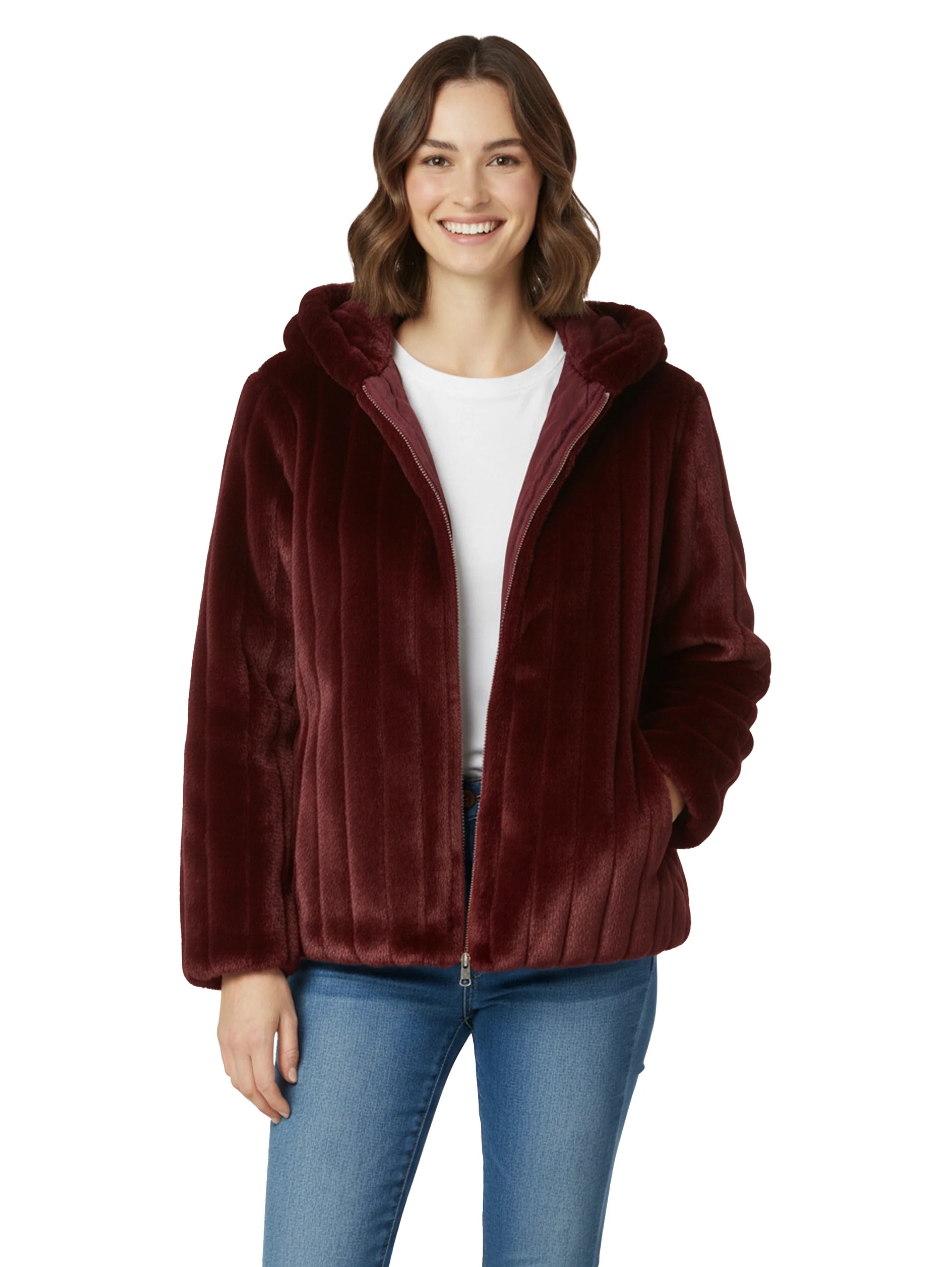 Short Wine Hooded Ribbed Fure Jacket