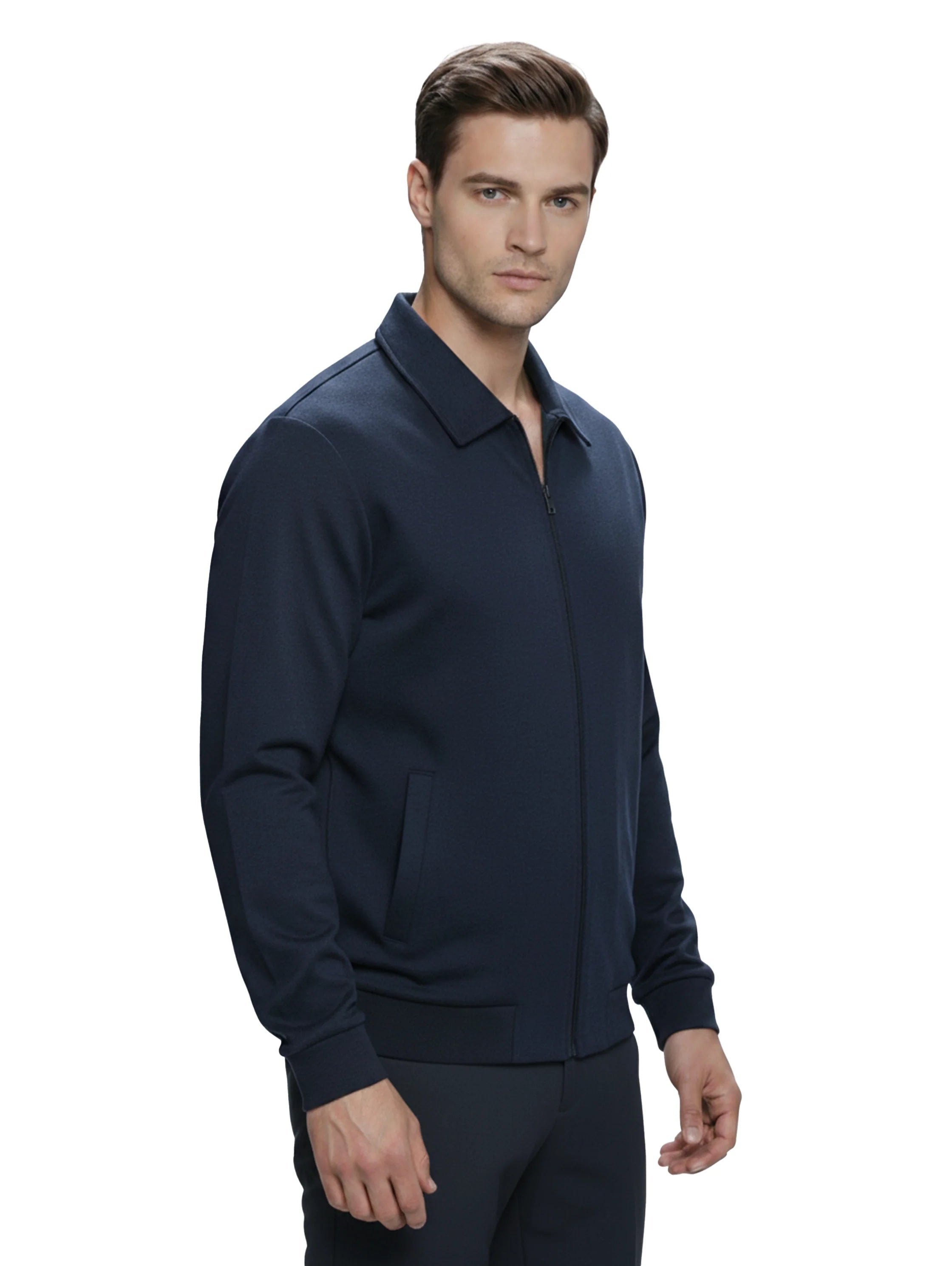 Navy Zippered Jacket With Collar