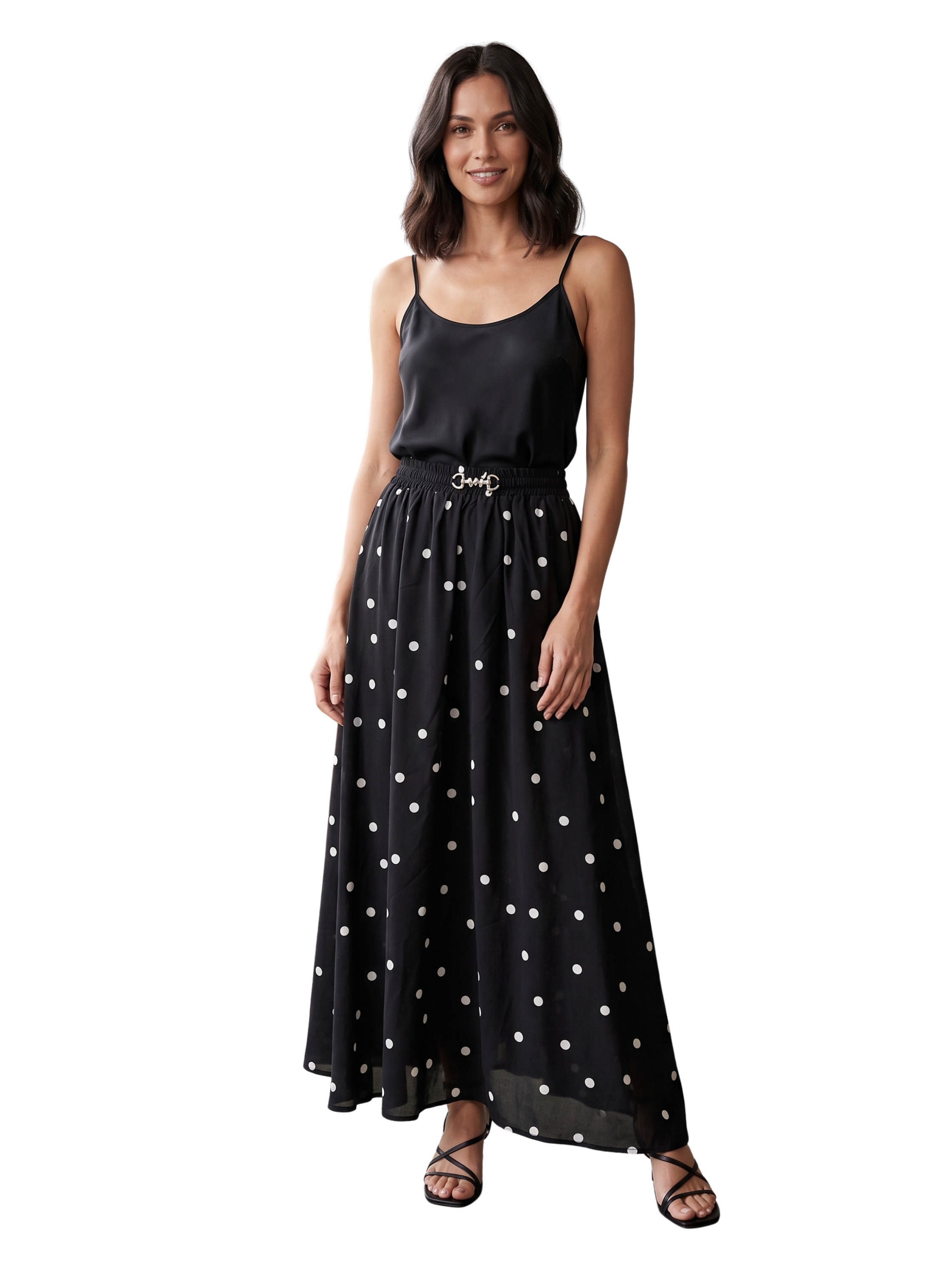 Black Polka Dot Maxi Skirt With Silver Metal Detail Design