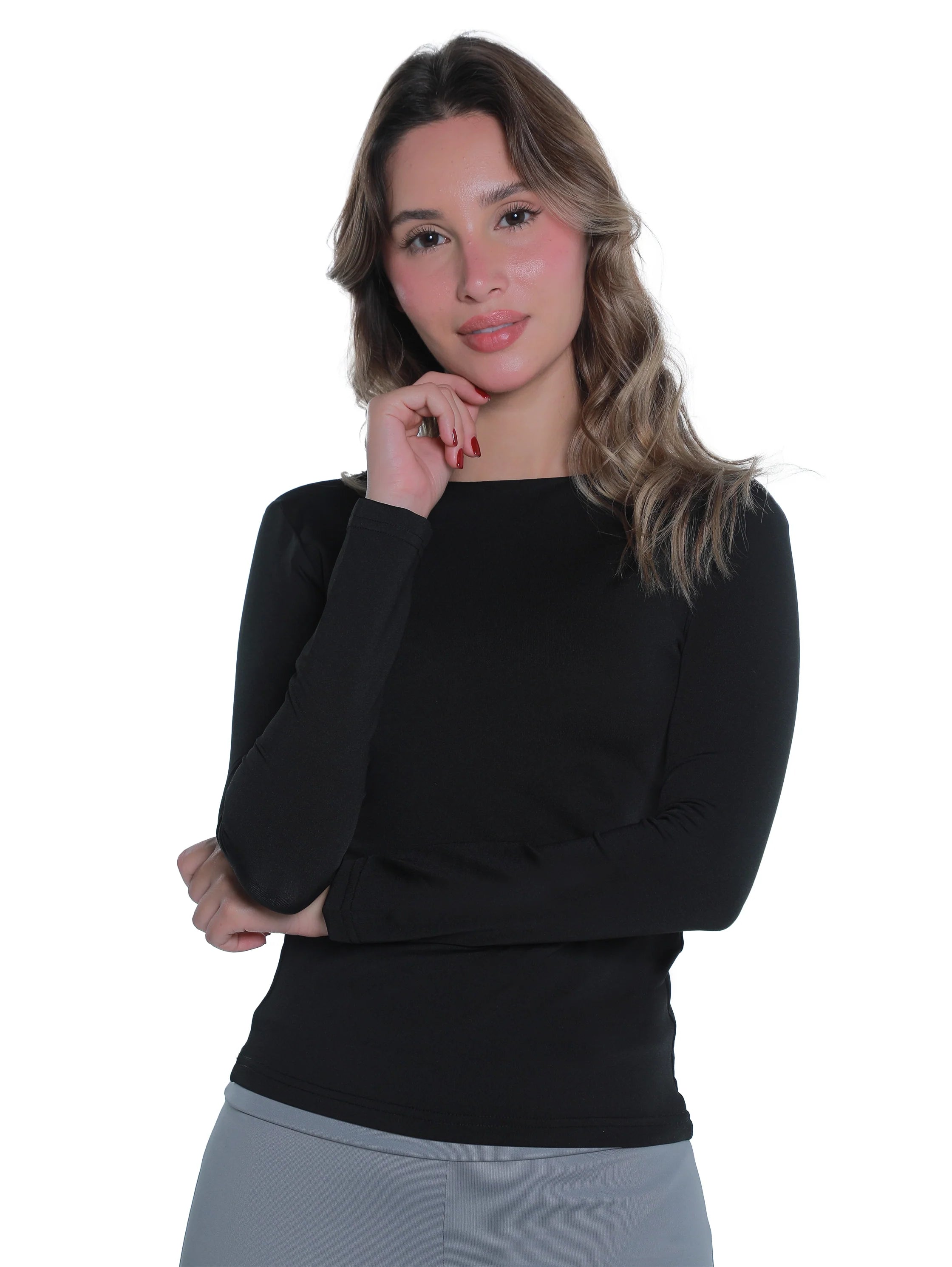 Long Sleeved Black Basic Top Round Neck