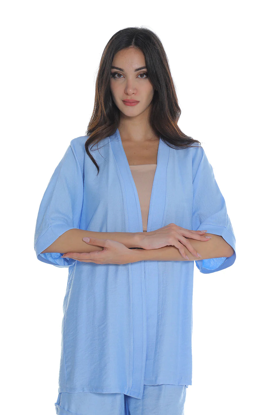 Blue Drop Shoulder Linen Cardigan