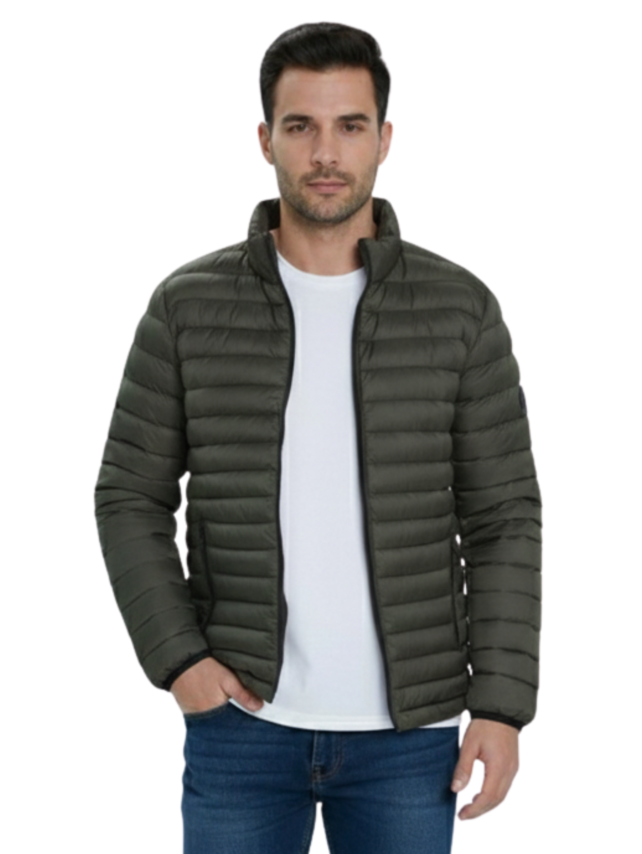 Olive Padded Puffer Jacket With Zipper to Close