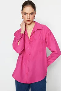 Trendyol Fushia Single Pocket Boyfriend Cotton Shirt