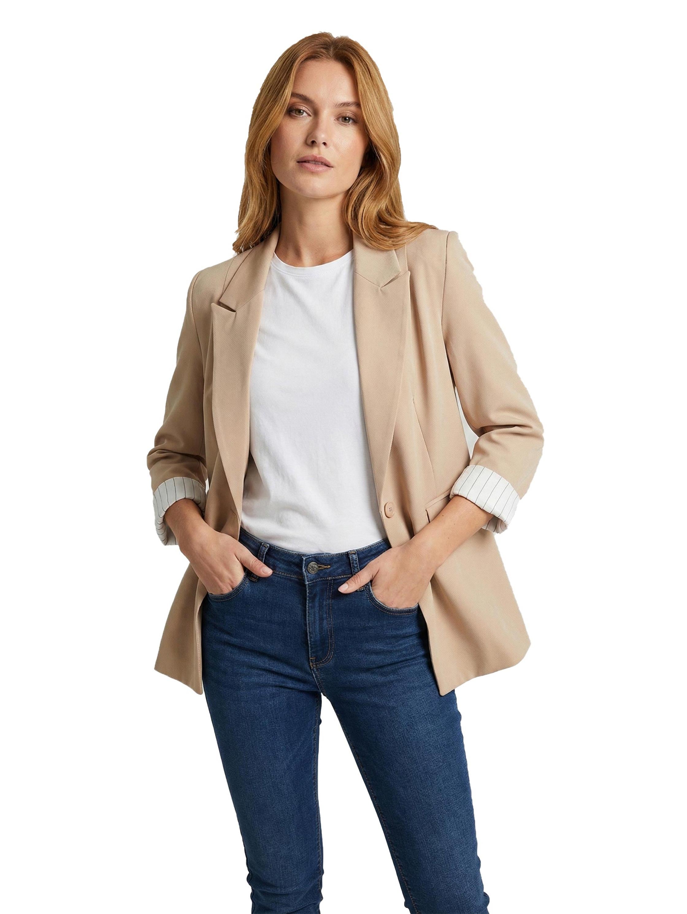 Beige 3/4 Sleeve Blazer With Patch Pockets