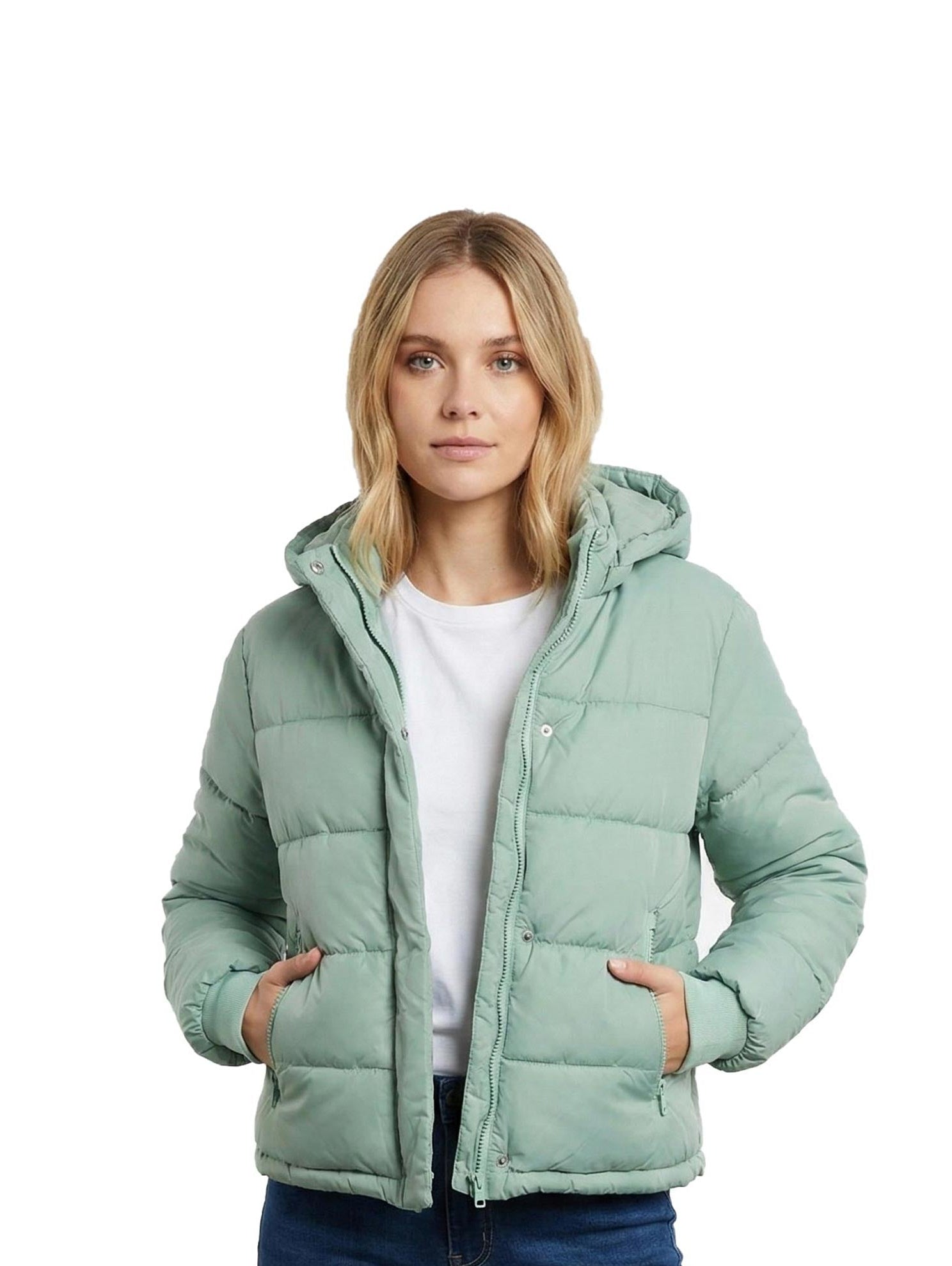 Mint Padded Puffer Jacket With Stand up Collar & Hoodie