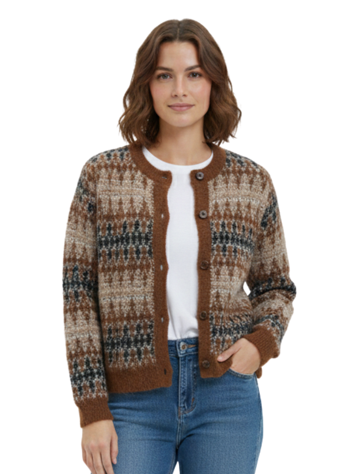 Long Sleeve Brown Buttoned Pullover With Print