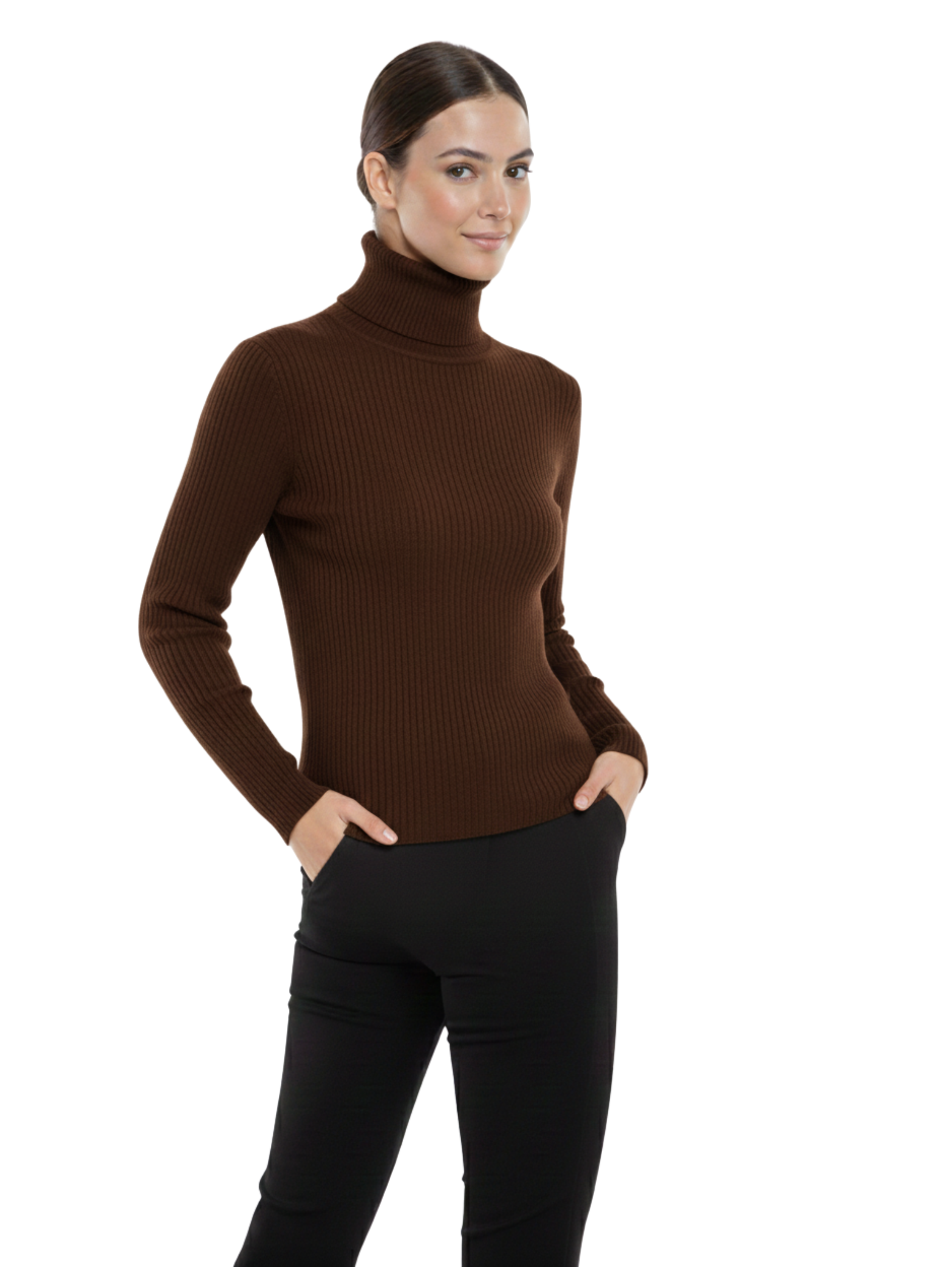 Long Sleeve High Neck Ribbed Brown Pullover