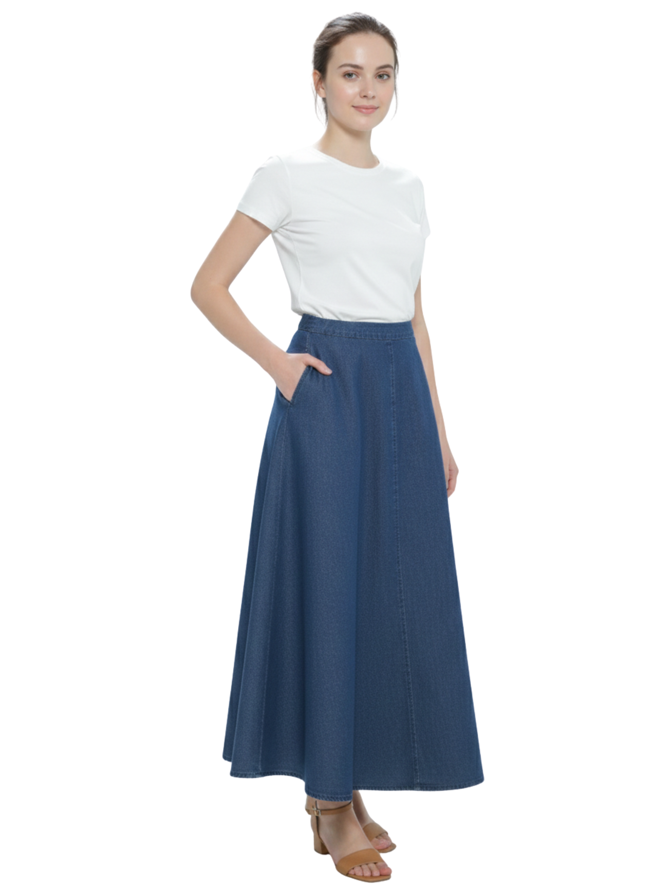 Mid Length Dark Blue Light Weight Denim Skirt