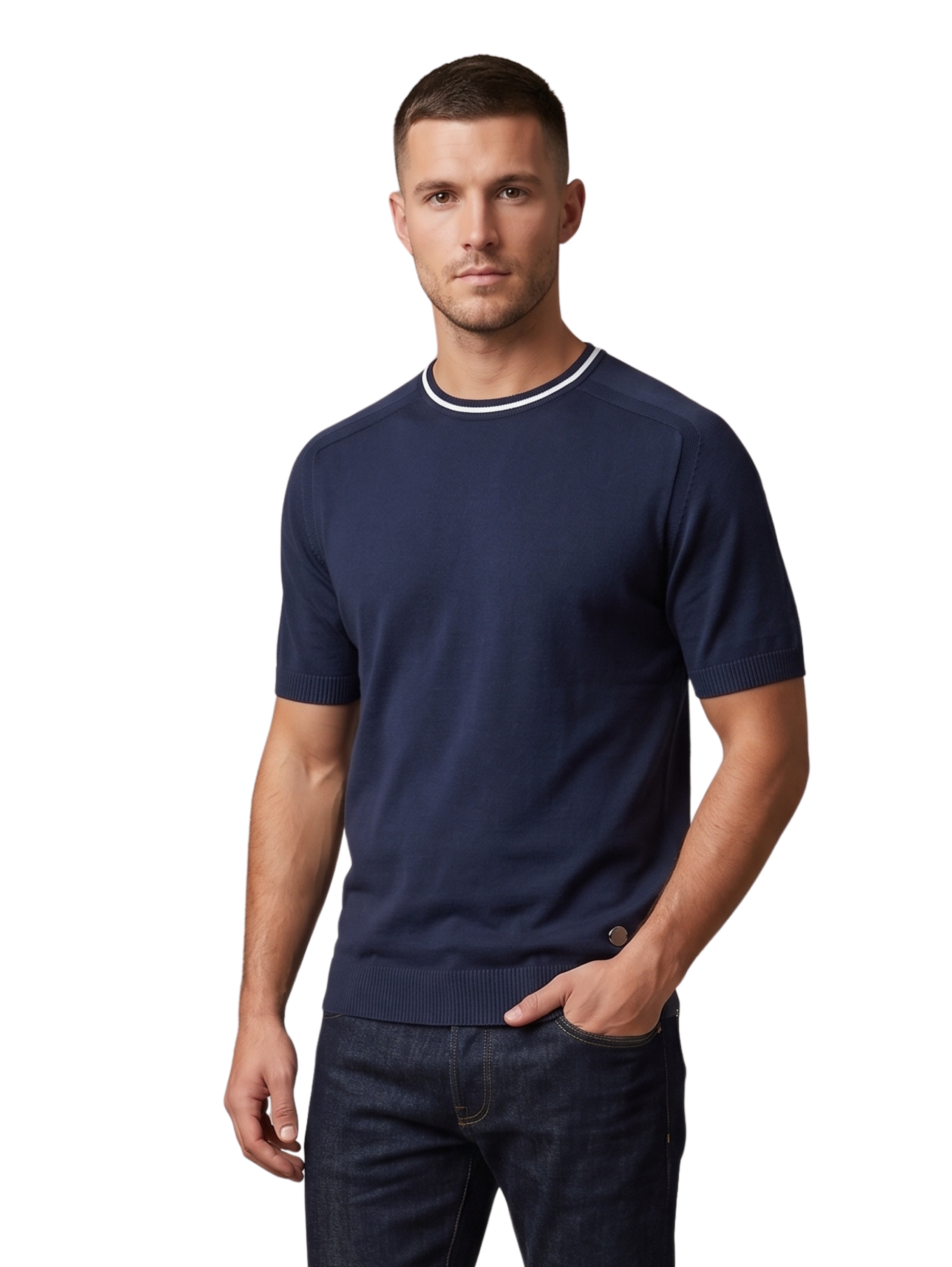 Navy T-Shirt With Striped Neckline