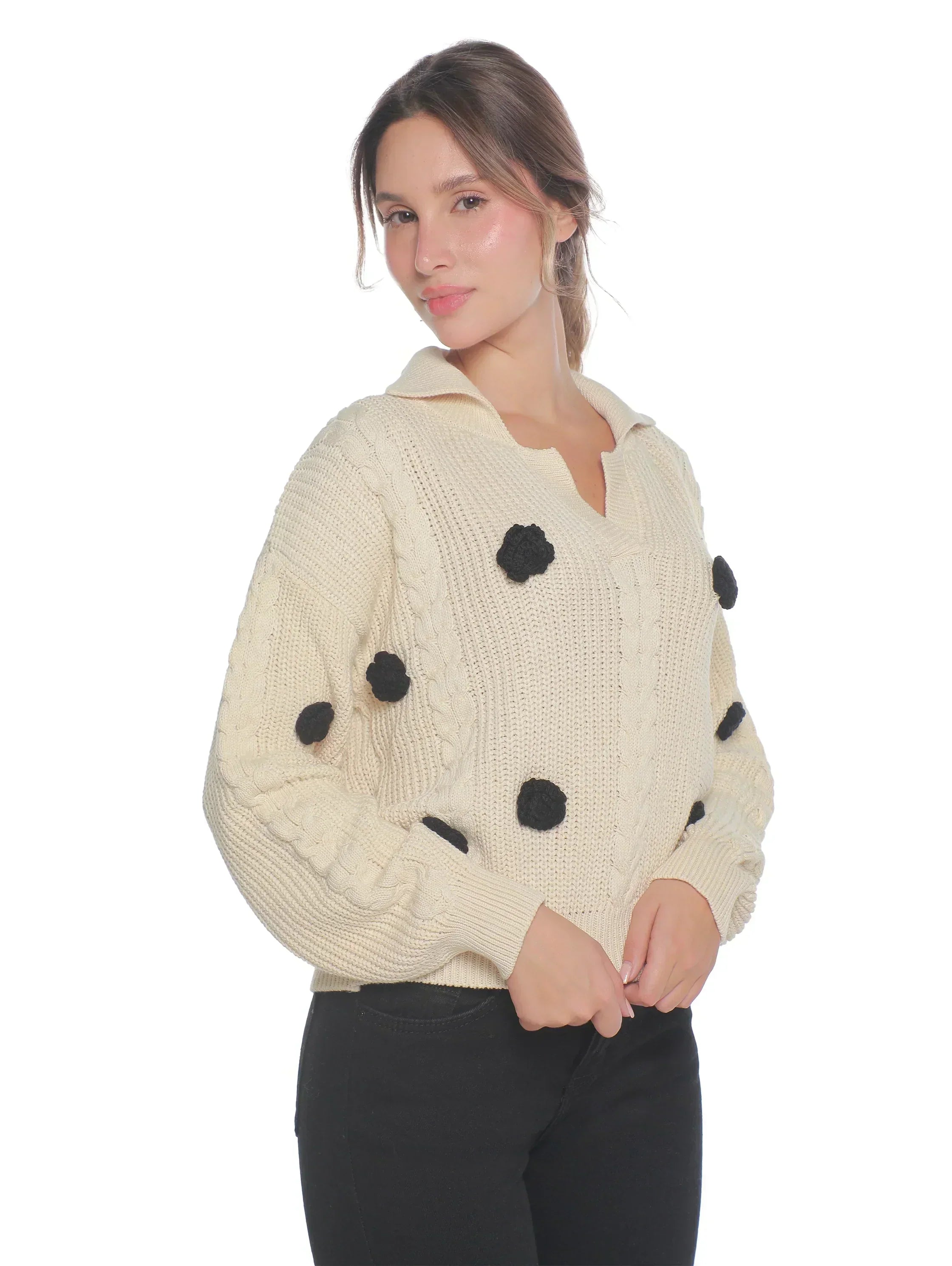 Beige Long Sleeved Pullover With Embroidery Flower Design