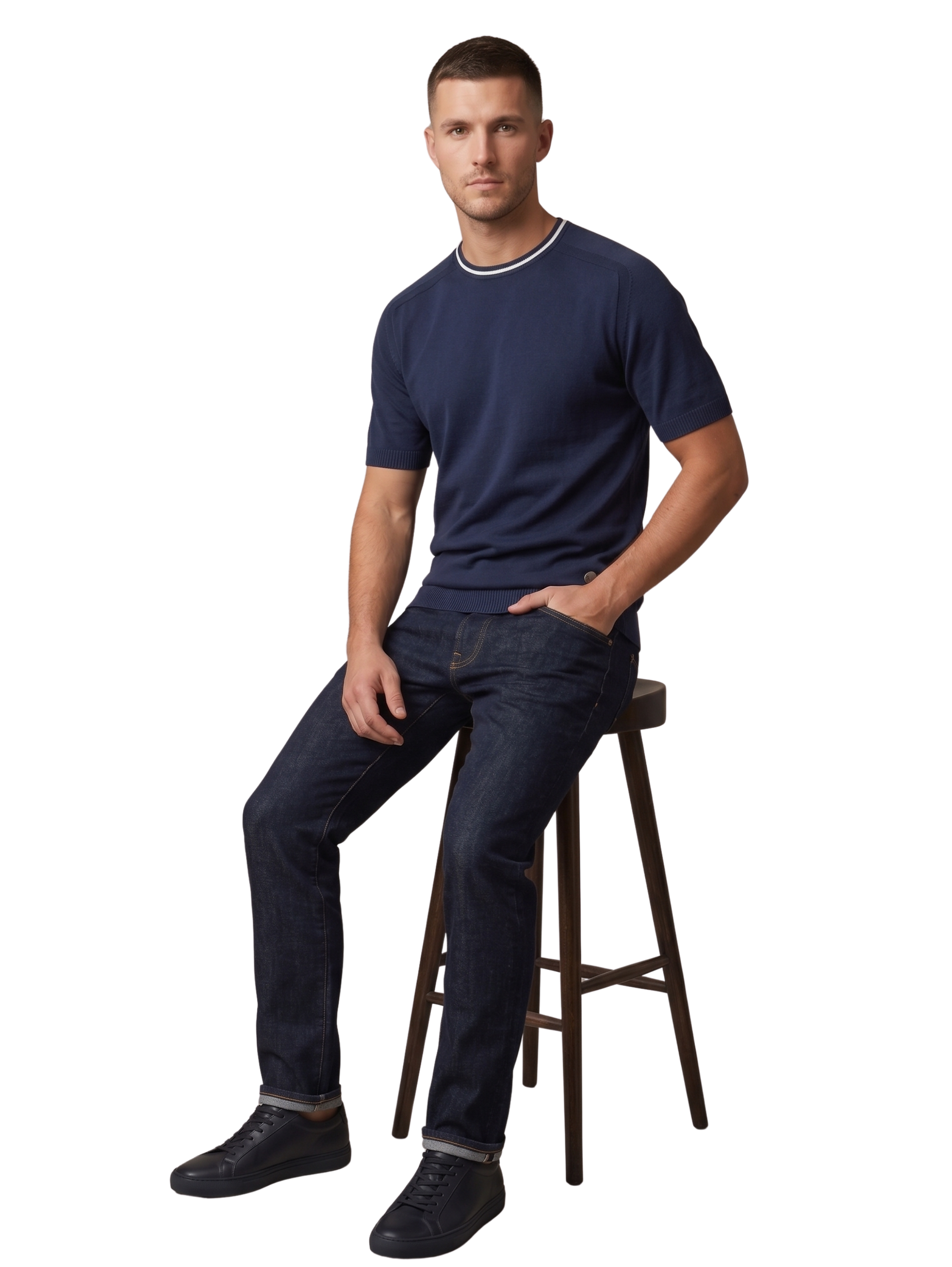 Navy T-Shirt With Striped Neckline