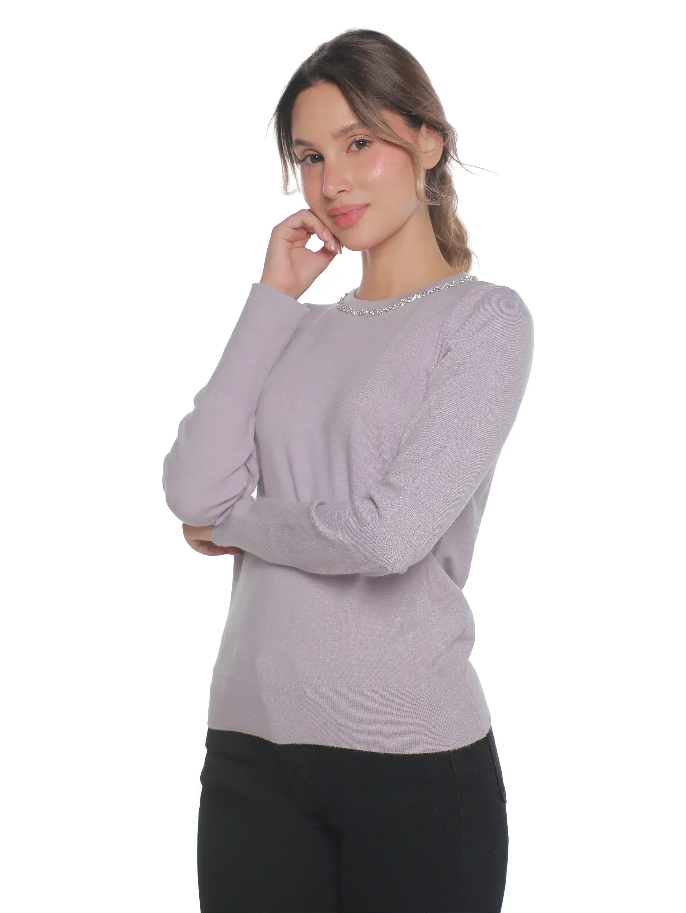 Purple Soft Pullover With Necklace Attached Design