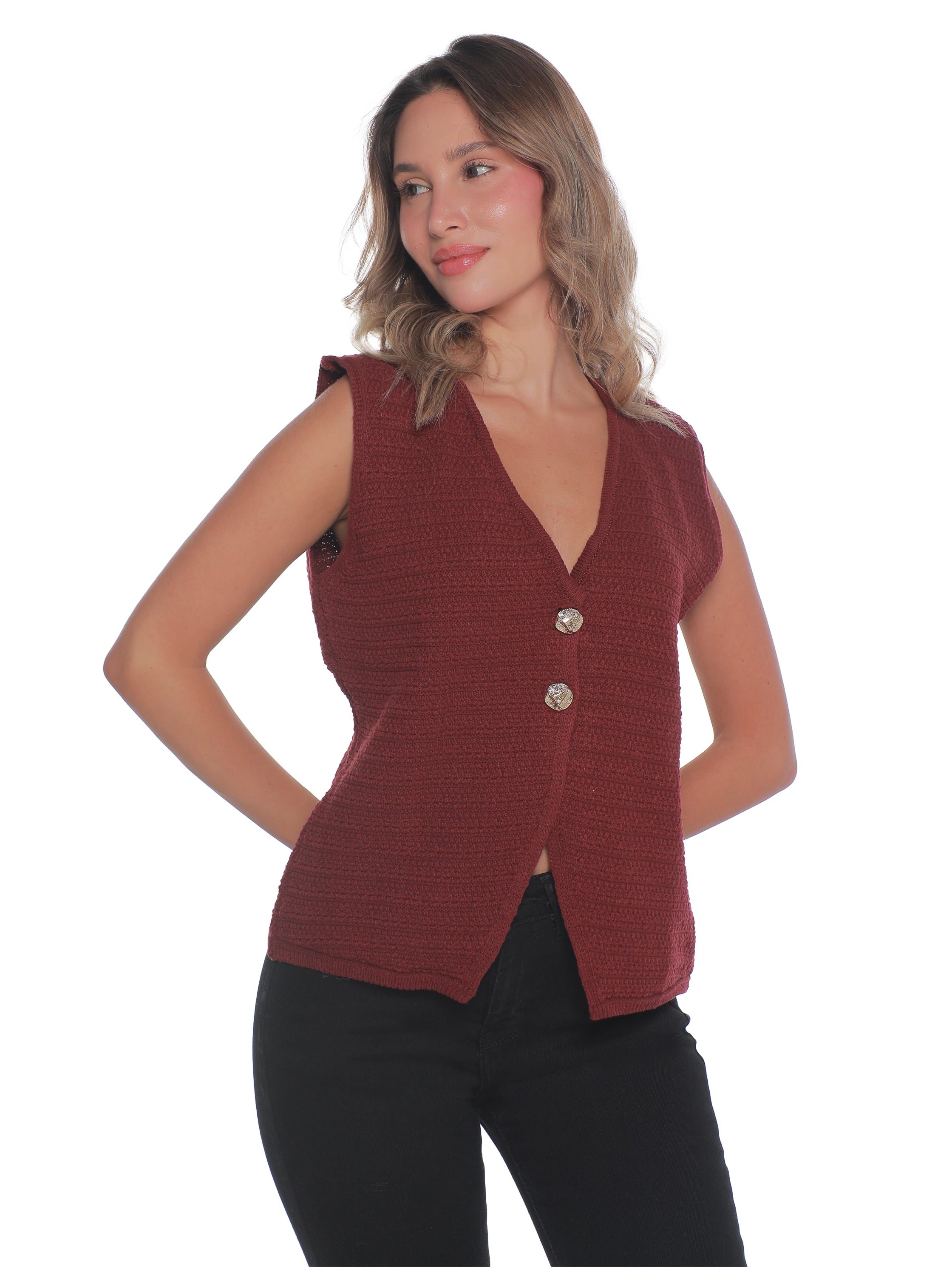 Embroidery Bordo Vest With Two Button To Close