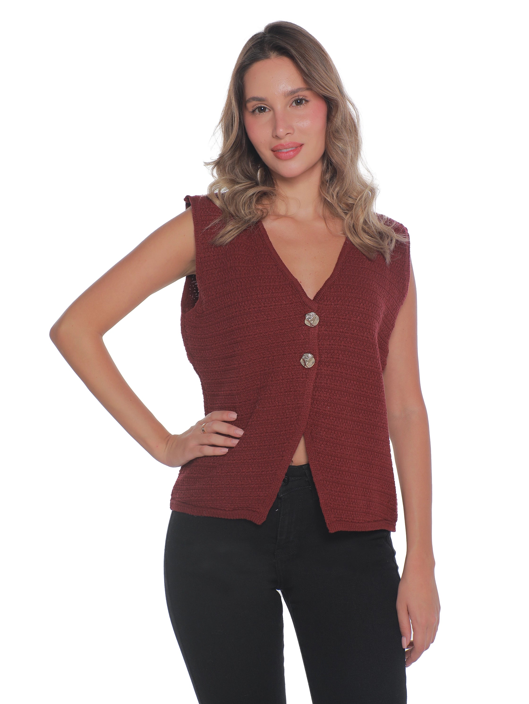 Embroidery Bordo Vest With Two Button To Close