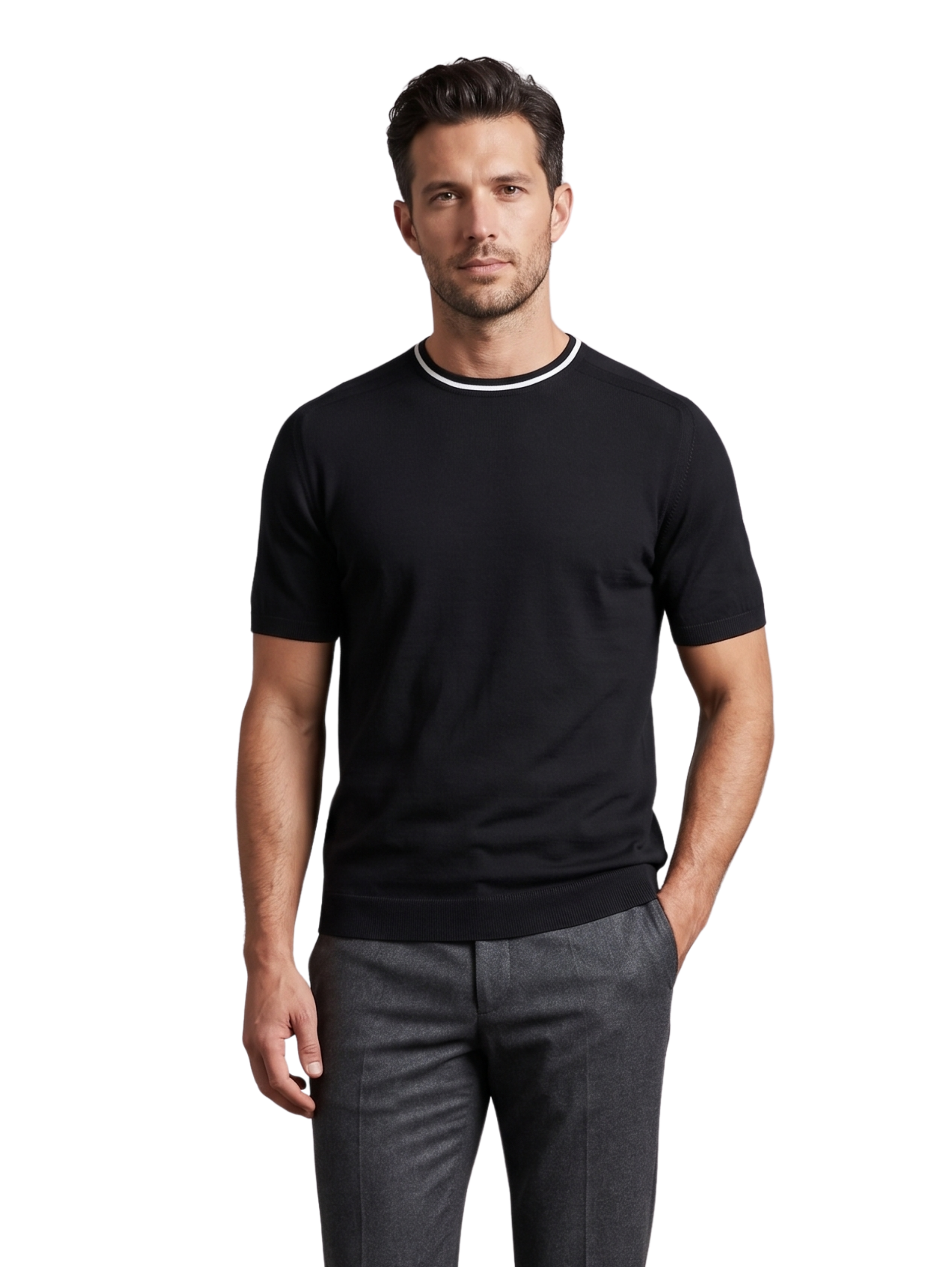 Black T-Shirt With Striped Neckline