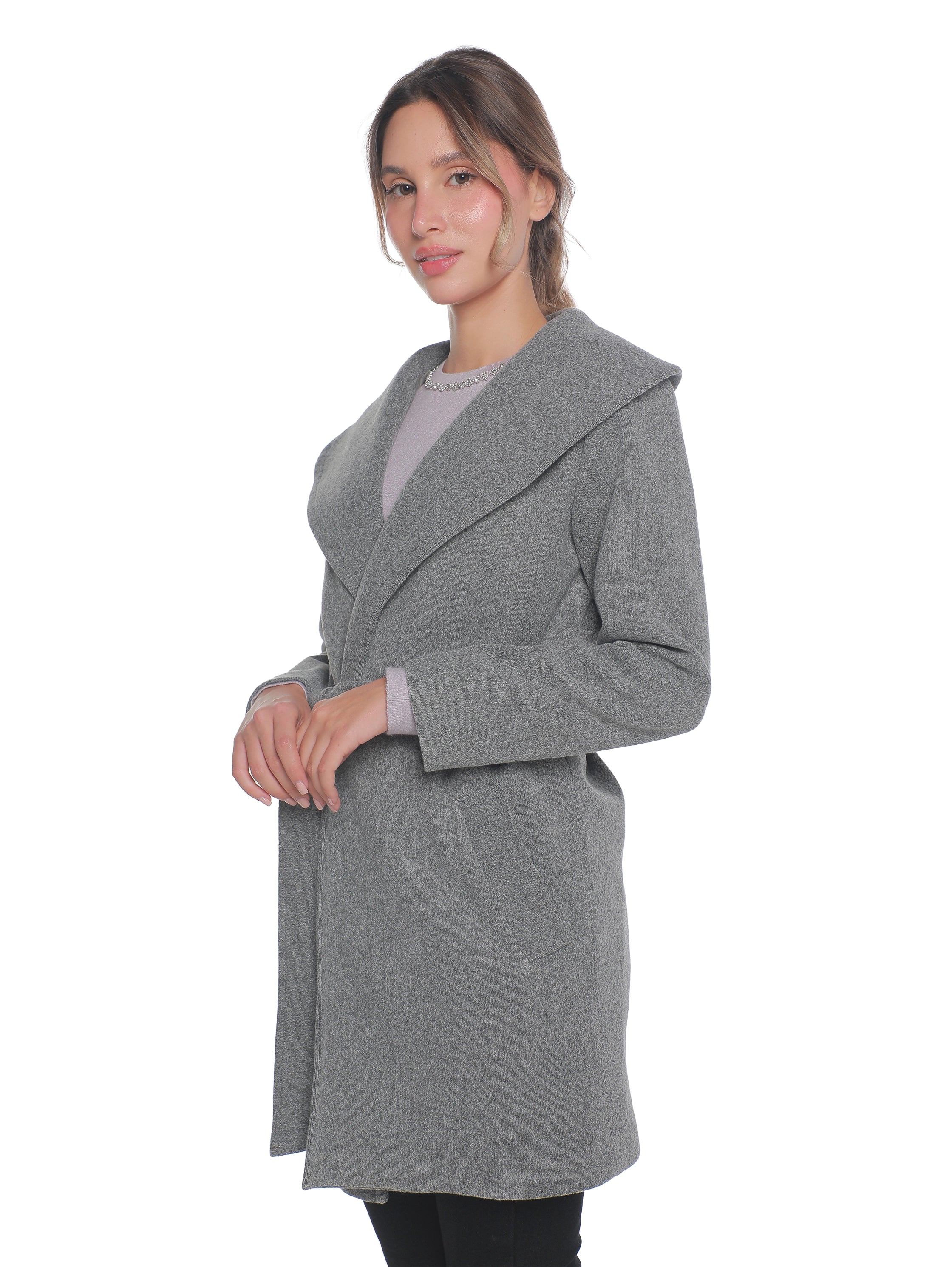 Grey Warm Belted Coat With Open Collar