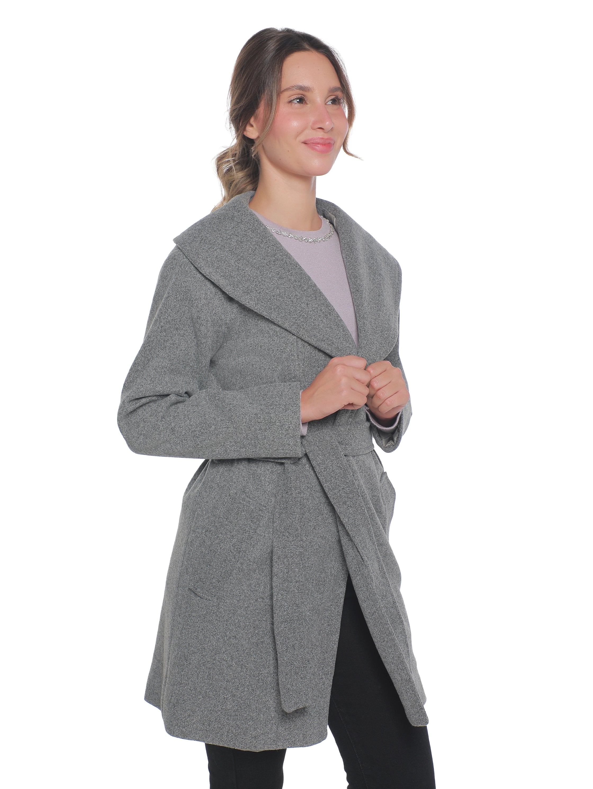 Grey Warm Belted Coat With Open Collar